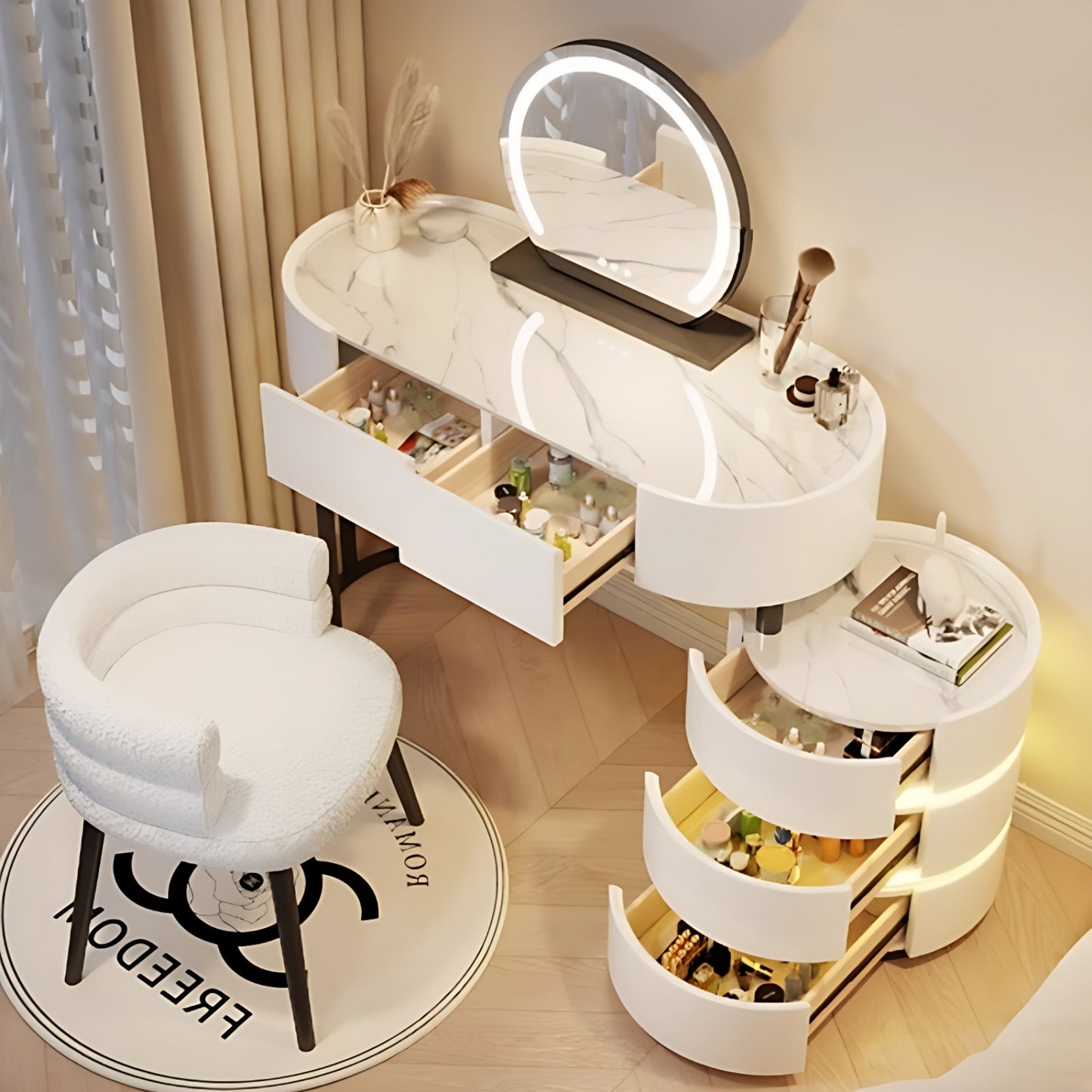 39''-47'' Vanity Desk with Smart Mirror & LED Ambient Light,Rock Slab Countertop and Stool