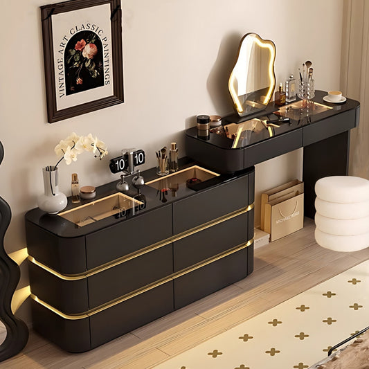 32''-47''Leather Vanity with Tempered Glass Top and Atmosphere Light,LED Mirror & Stool
