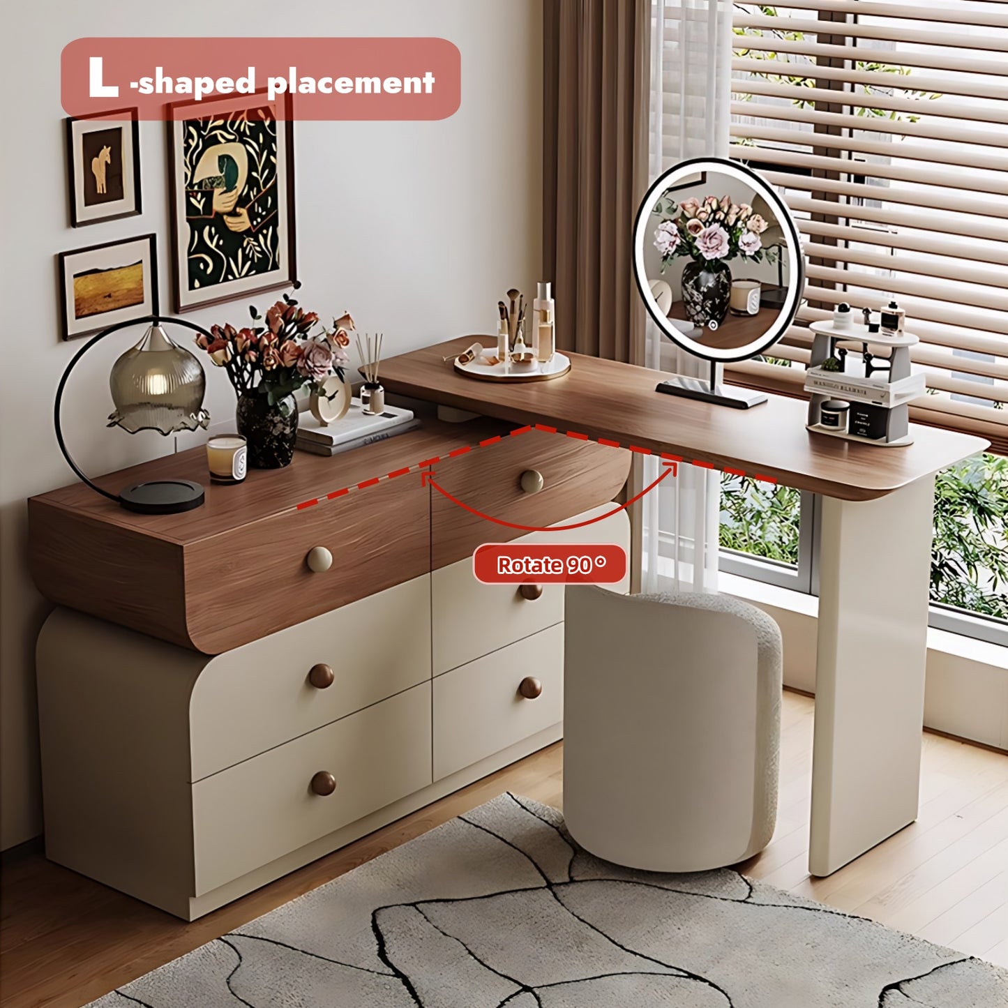 47'' Solid Wood Makeup Vanity with Smart LED Light Mirror and Stool