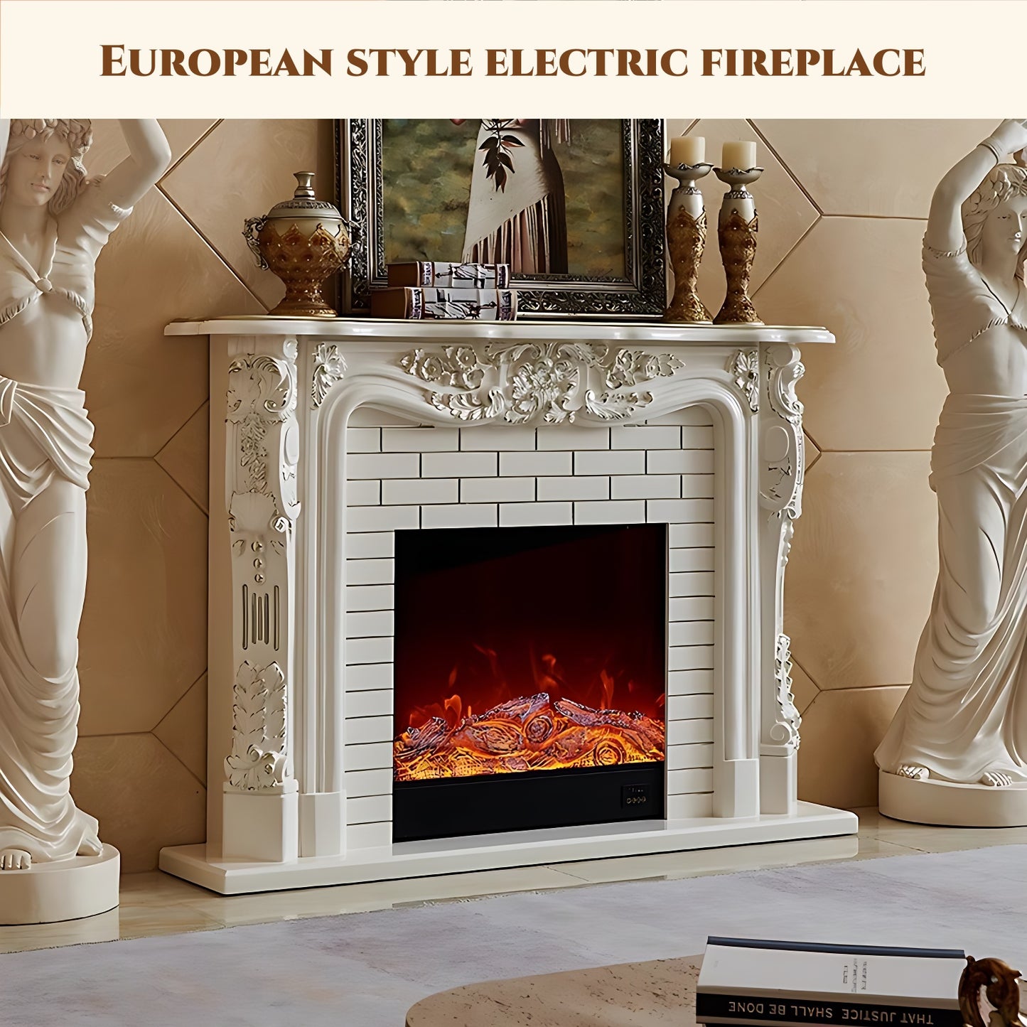 59'' European Style Electric Fireplace with Simulated Flame Effect and Exquisite Carving
