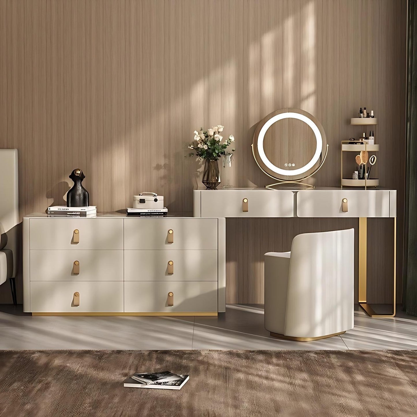47'' Leather Makeup Vanity with Smart LED Light Mirror and Stool,Rock Slab Desktop