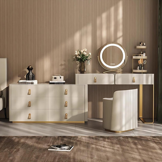 47'' Leather Makeup Vanity with Smart LED Light Mirror and Stool,Rock Slab Desktop