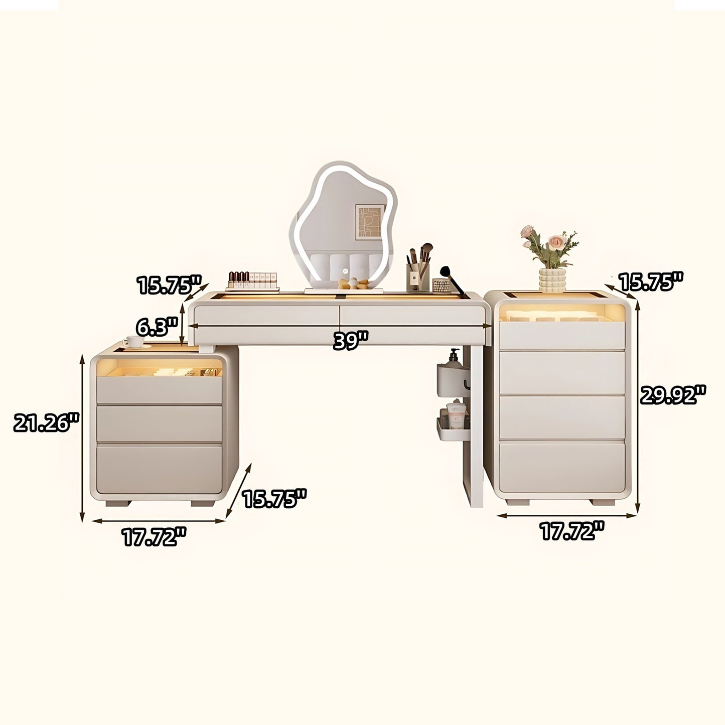 32''-47''Vanity with 2 Side Cabinets & Glass Top and Atmosphere Light,Smart Mirror,Stool