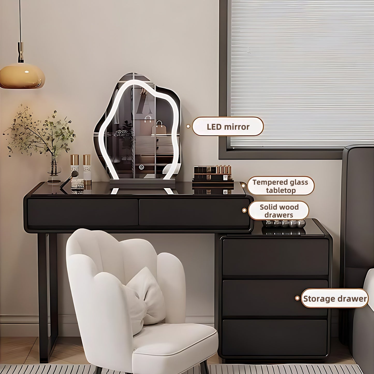 32''-47''Leather Makeup Vanity with Smart LED Light Mirror & Stool,Tempered Glass Tabletop