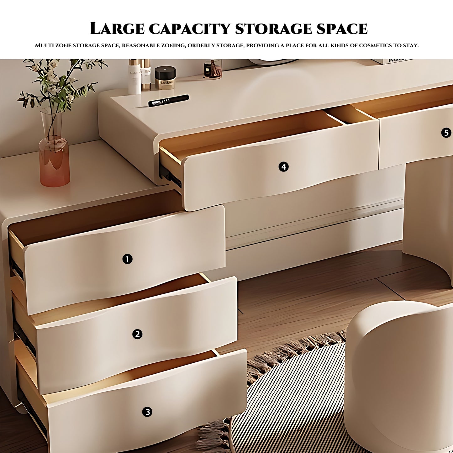 32''-47'' Wave Makeup Vanity with Big Smart LED Round Mirror & Stool