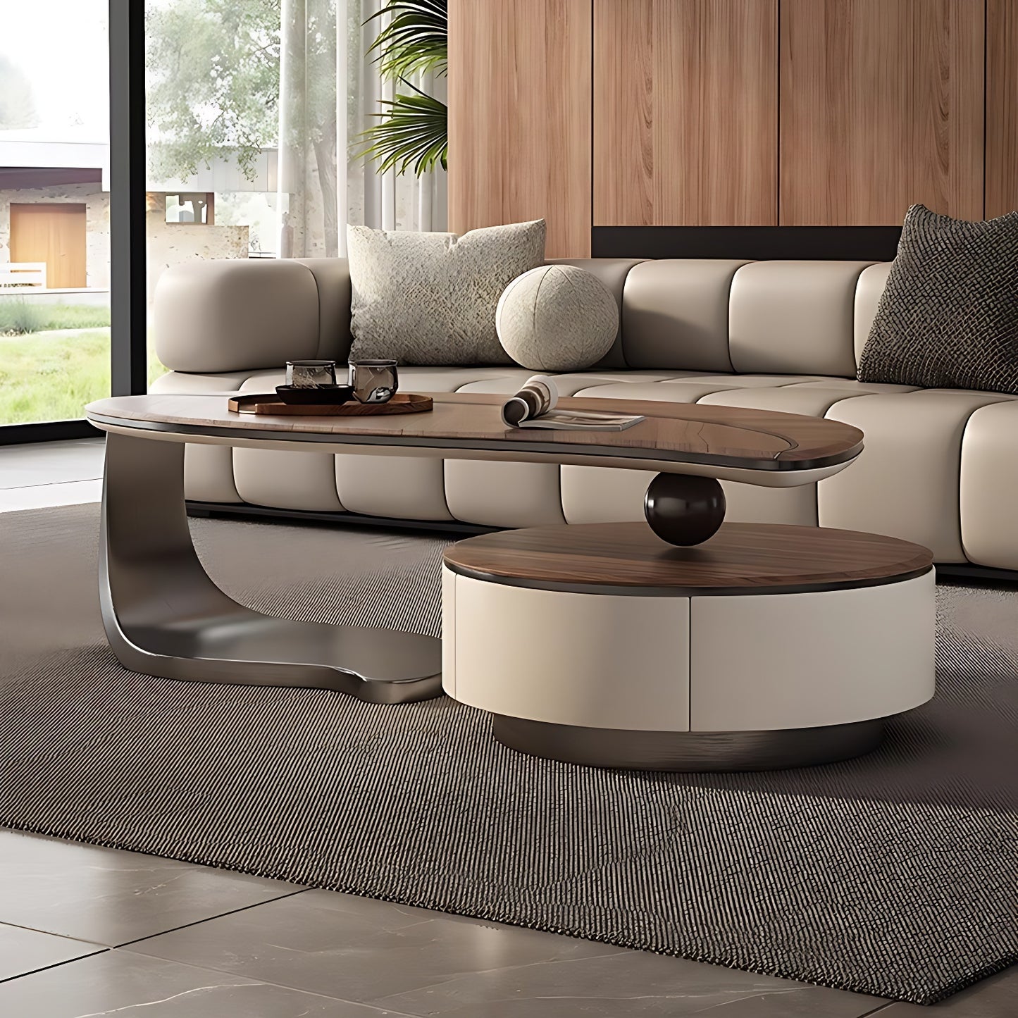47''-63'' 2 Pieces Coffee Table,Mid Century Leaf Shaped Coffee Desk,Walnut Wood Grain