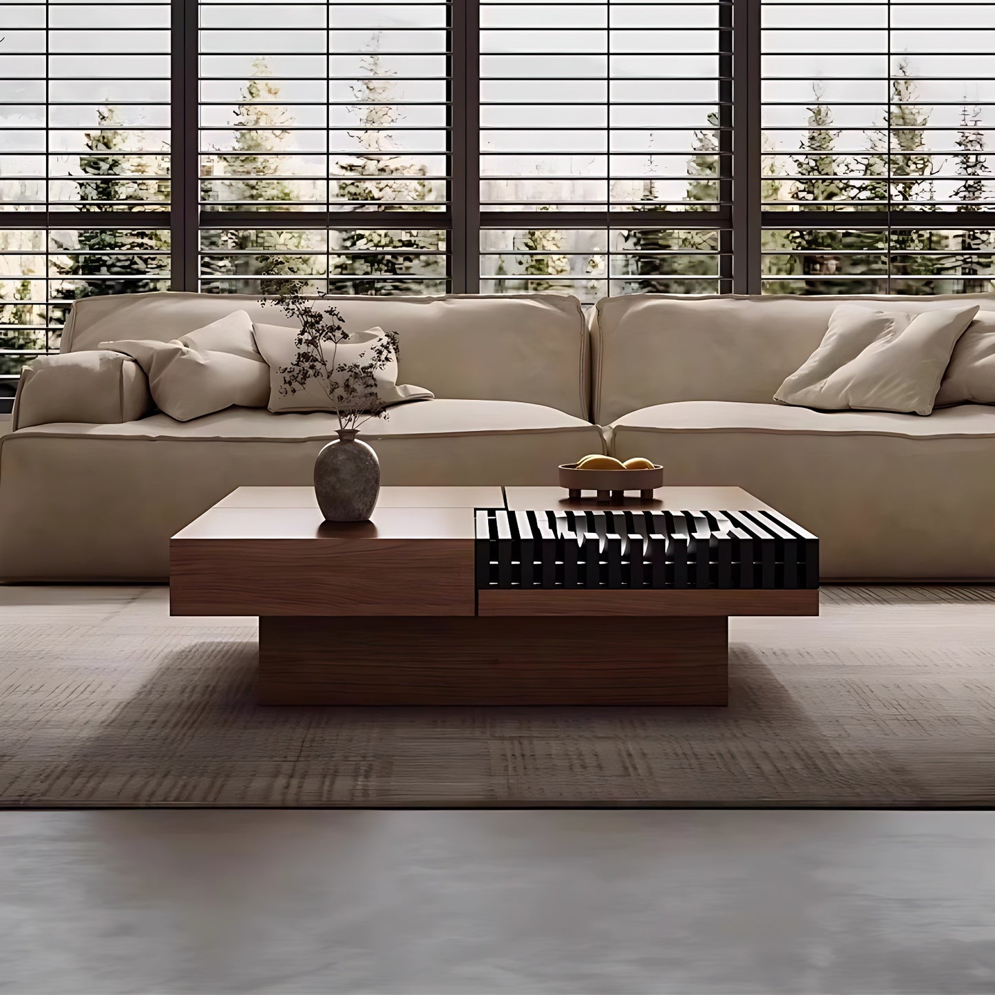 39''-47'' Scalable Coffee Table with Baking Paint Fruit Tray,Walnut Wood