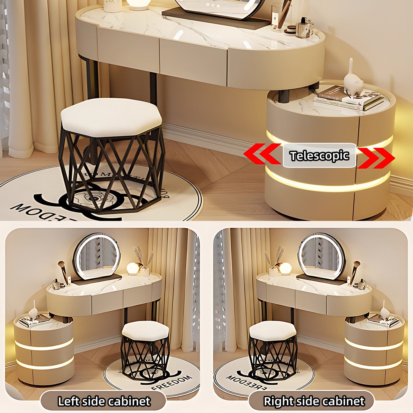 39''-47'' Vanity Desk with Smart Mirror & LED Ambient Light,Rock Slab Countertop and Stool