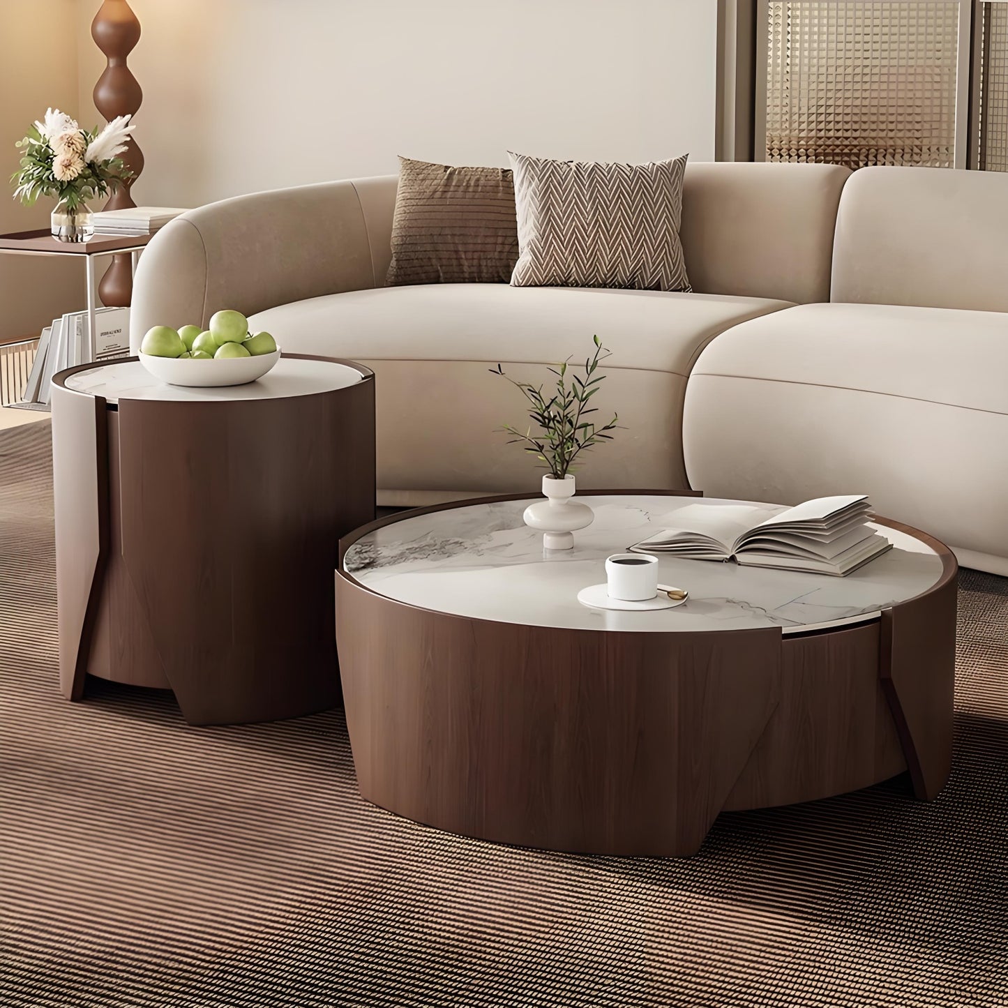 32''-35''Mid Century Coffee Table Set of 2 with Rock Slab Countertop and Walnut Grain