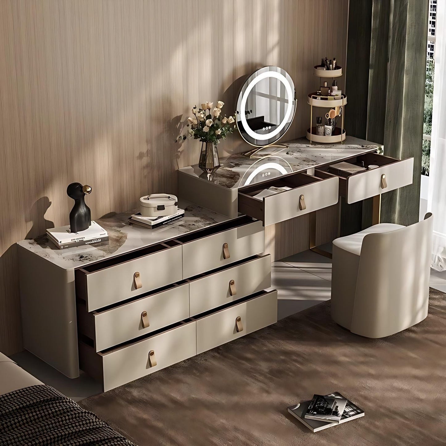 39'' Leather Makeup Vanity with Smart LED Light Mirror and Stool,Rock Slab Desktop