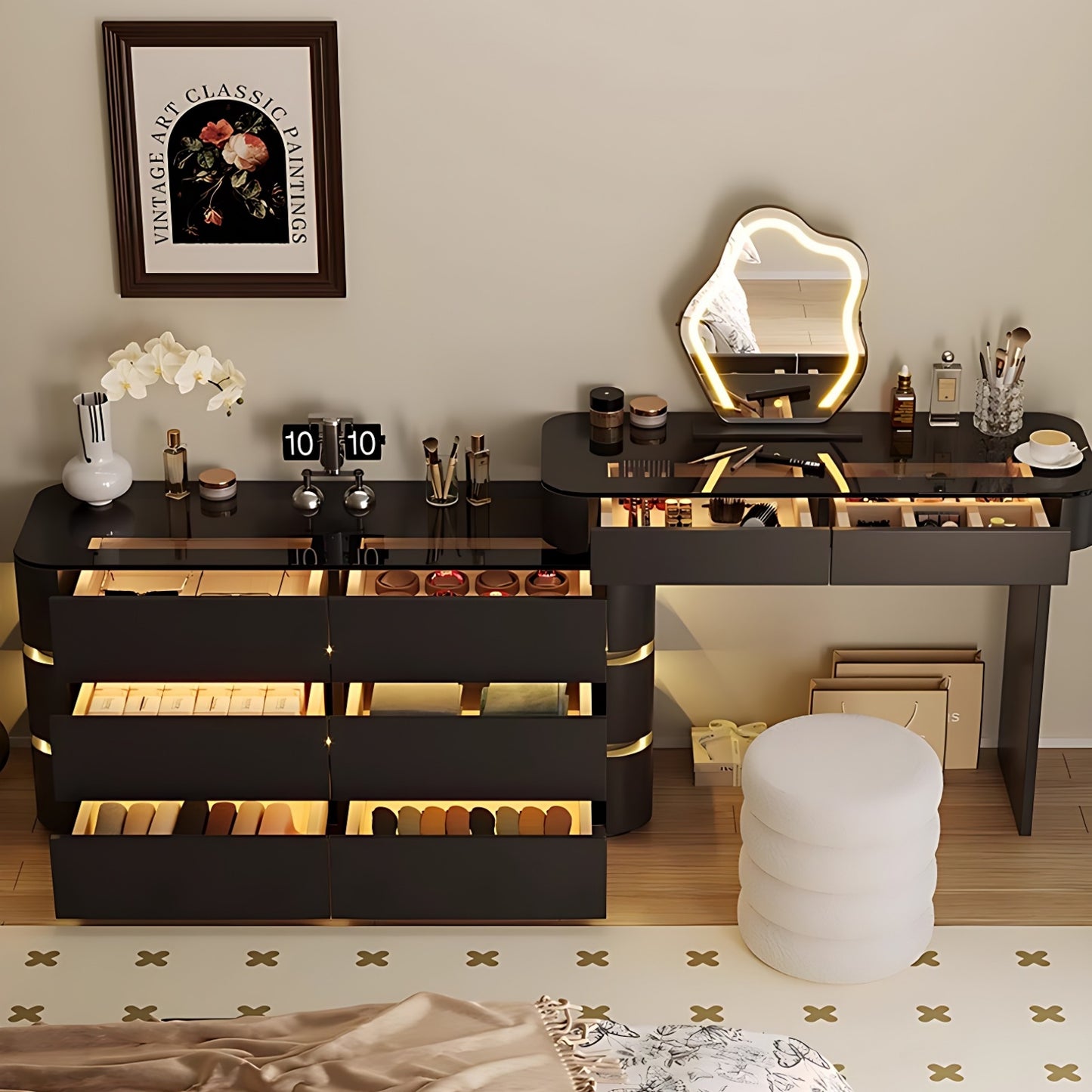 32''-47''Leather Vanity with Tempered Glass Top and Atmosphere Light,LED Mirror & Stool