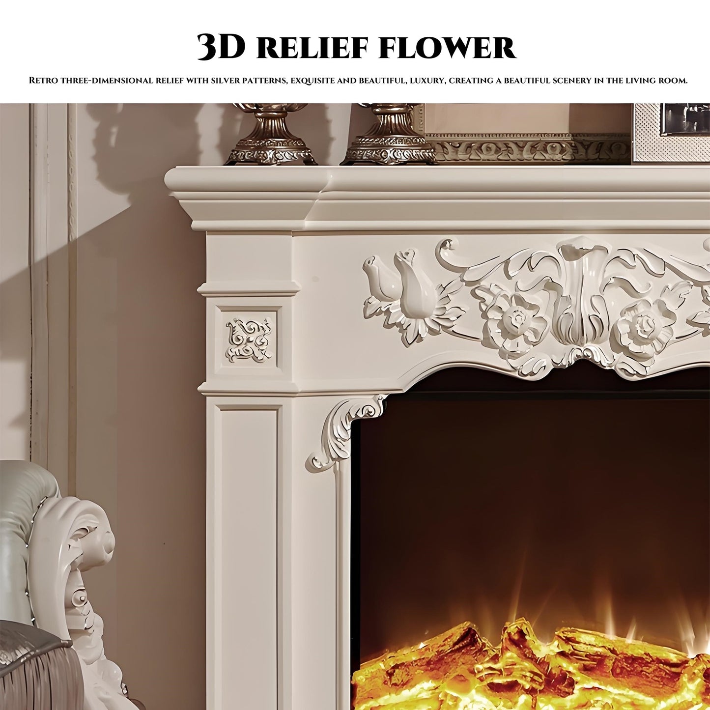 39''-59'' Electric Fireplace with Mantel & 3D Real Flame Effect and Carving
