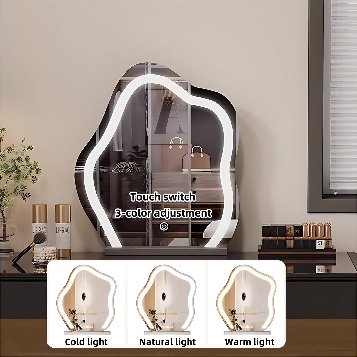 32''-47''Leather Makeup Vanity with Smart LED Light Mirror & Stool,Tempered Glass Tabletop
