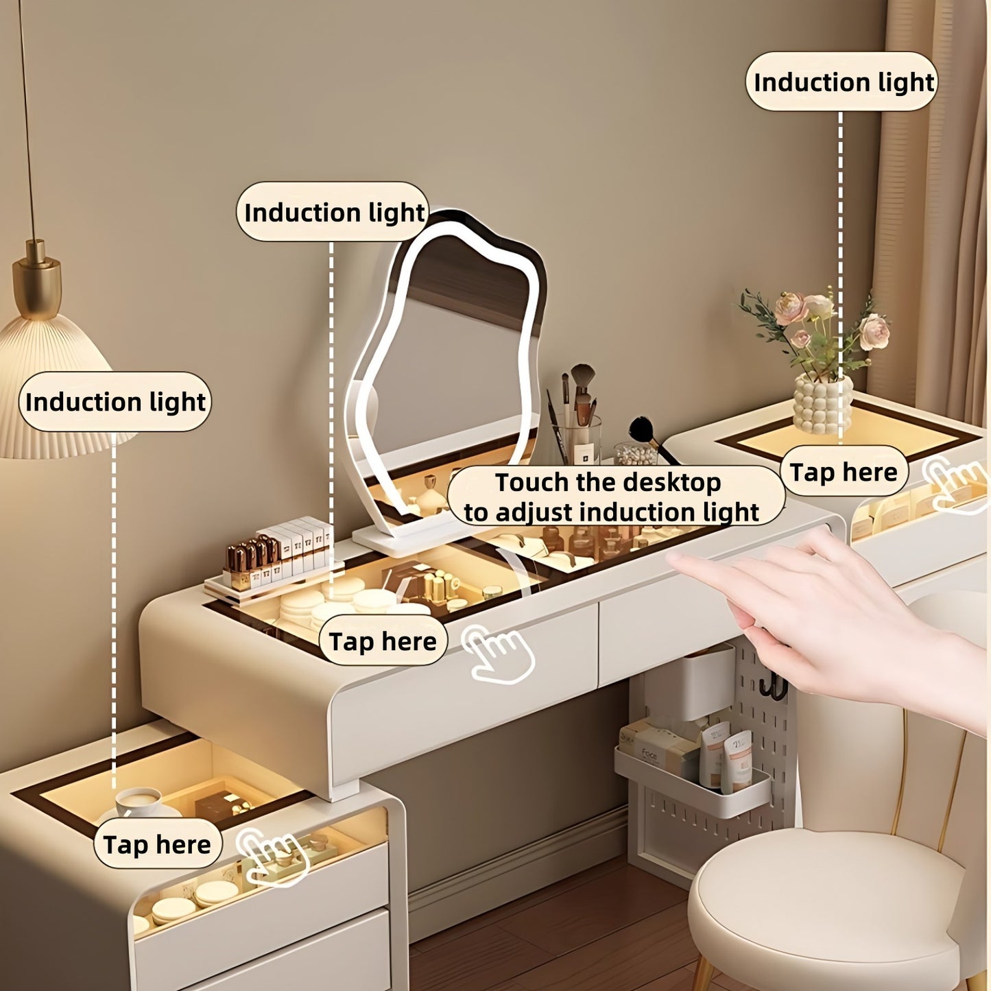 32''-47''Vanity with 2 Side Cabinets & Glass Top and Atmosphere Light,Smart Mirror,Stool