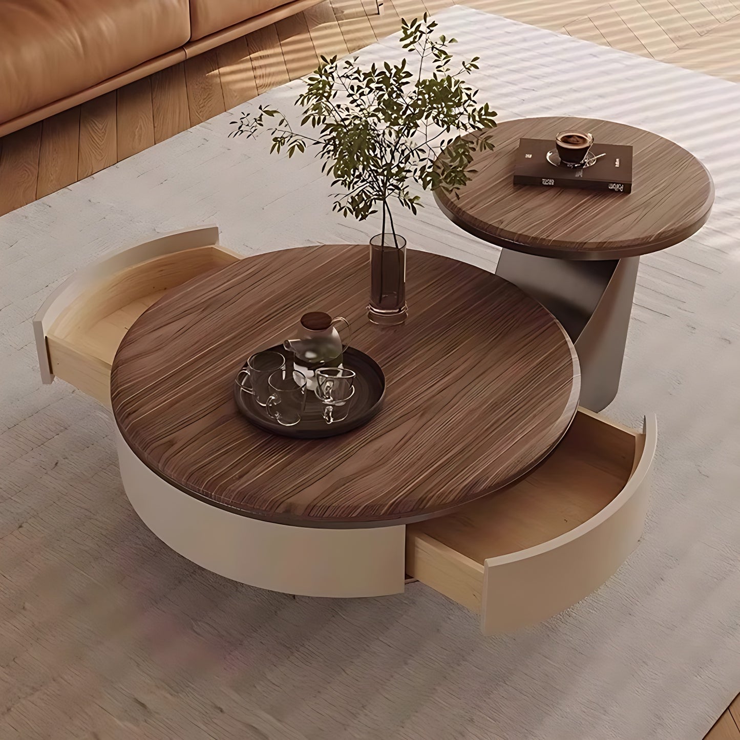 32''-35'' Round Coffee Table Set of 2,Walnut Grain Countertop Center Table