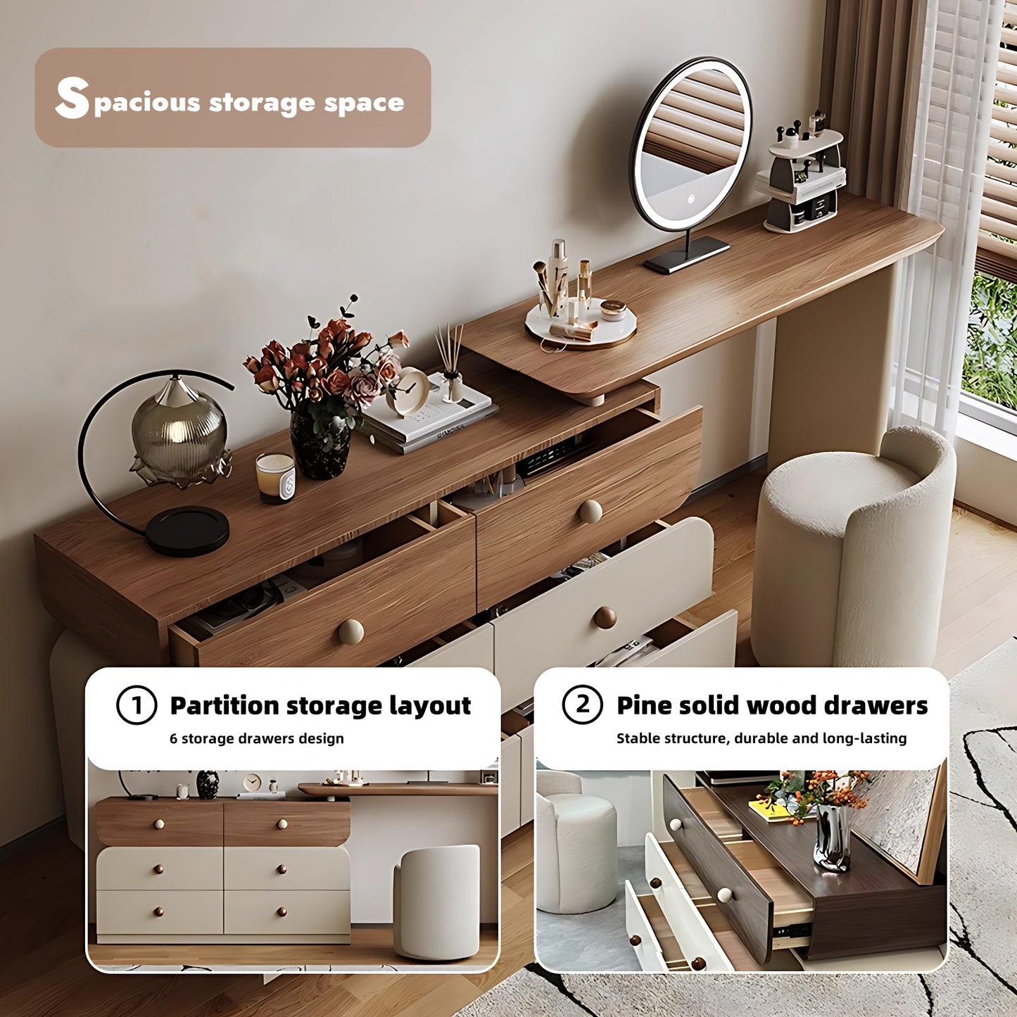 47'' Solid Wood Makeup Vanity with Smart LED Light Mirror and Stool