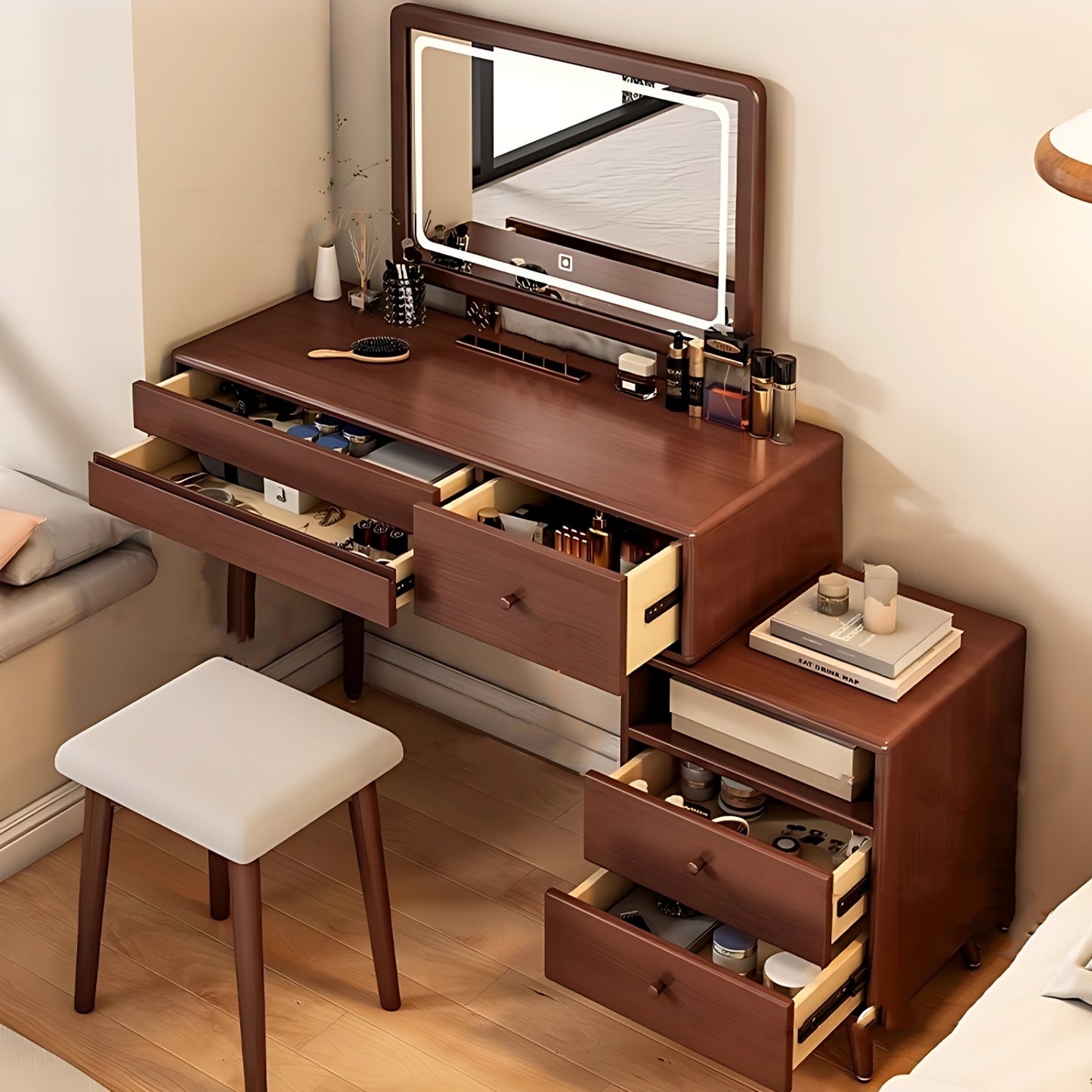 32''-39'' Solid Wood Vanity Desk with Smart LED Light Mirror and Stool,Mid Century