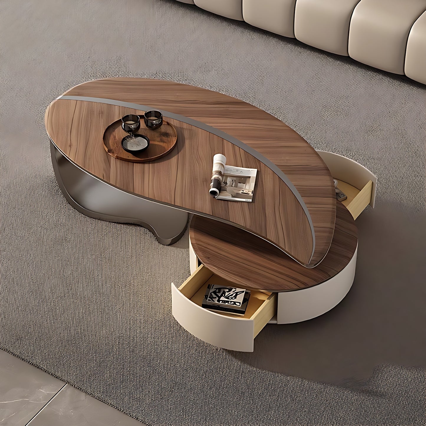 47''-63'' 2 Pieces Coffee Table,Mid Century Leaf Shaped Coffee Desk,Walnut Wood Grain