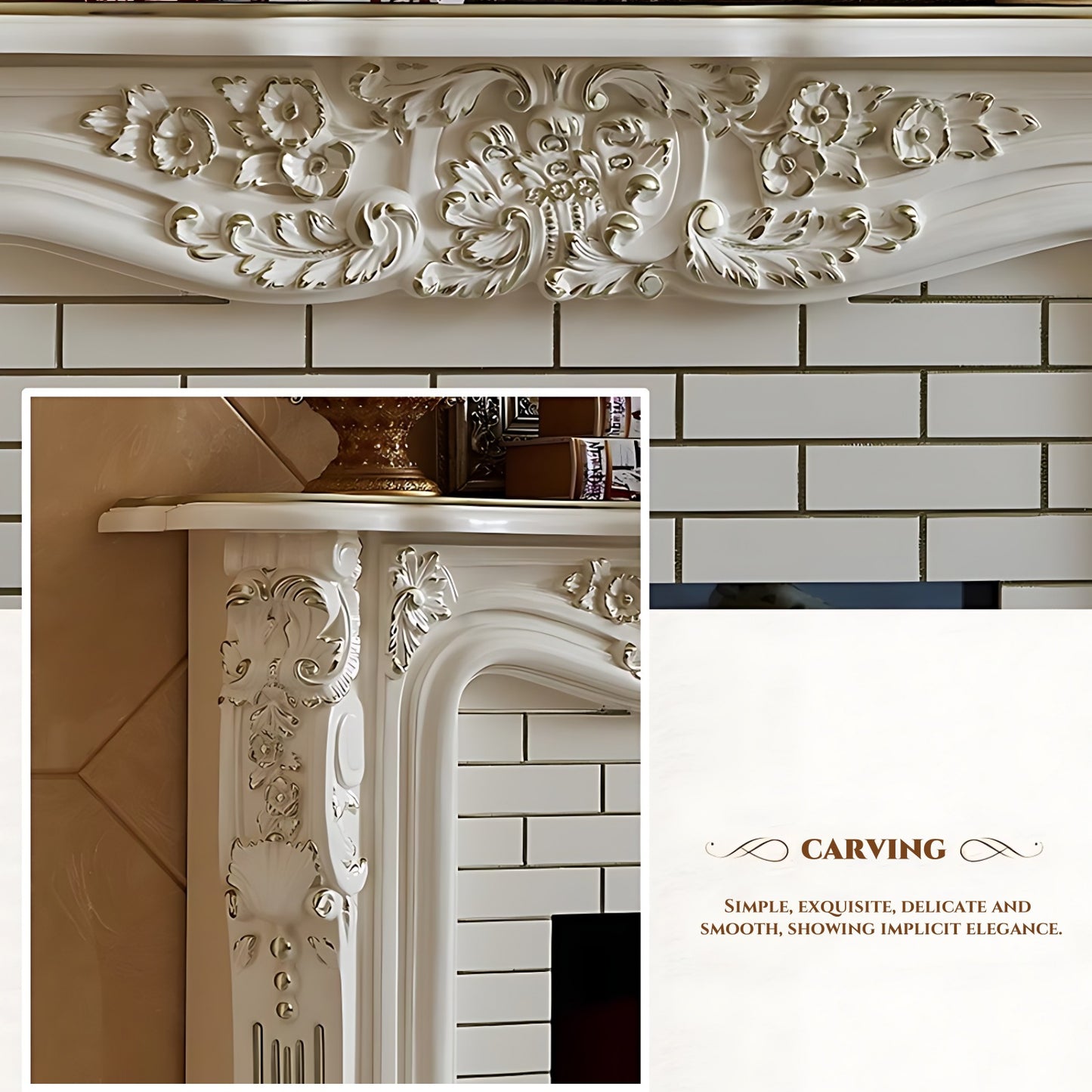 59'' European Style Electric Fireplace with Simulated Flame Effect and Exquisite Carving