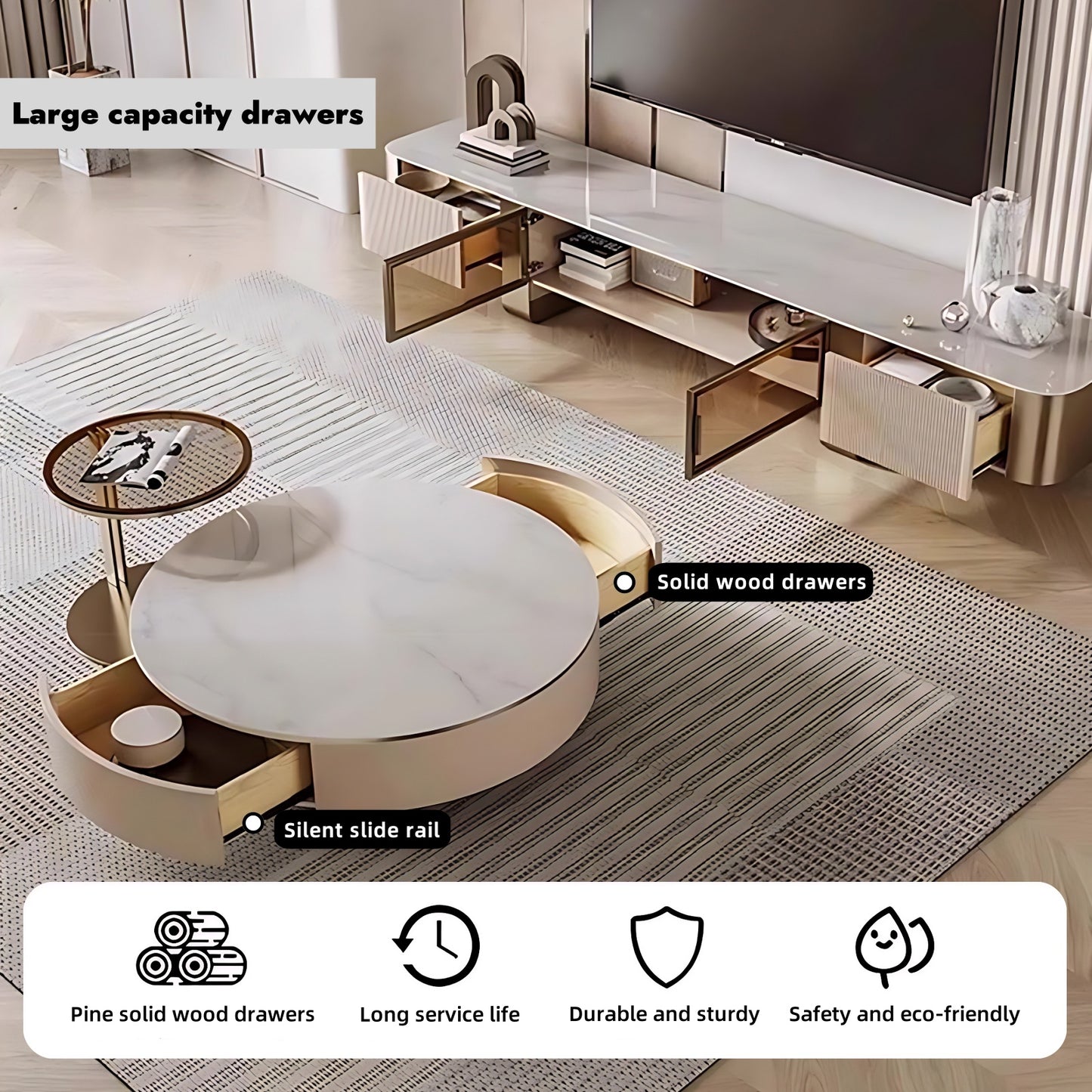 32''-35''Round Coffee Table Set with Rock Slab Countertop and Small Tempered Glass Desk