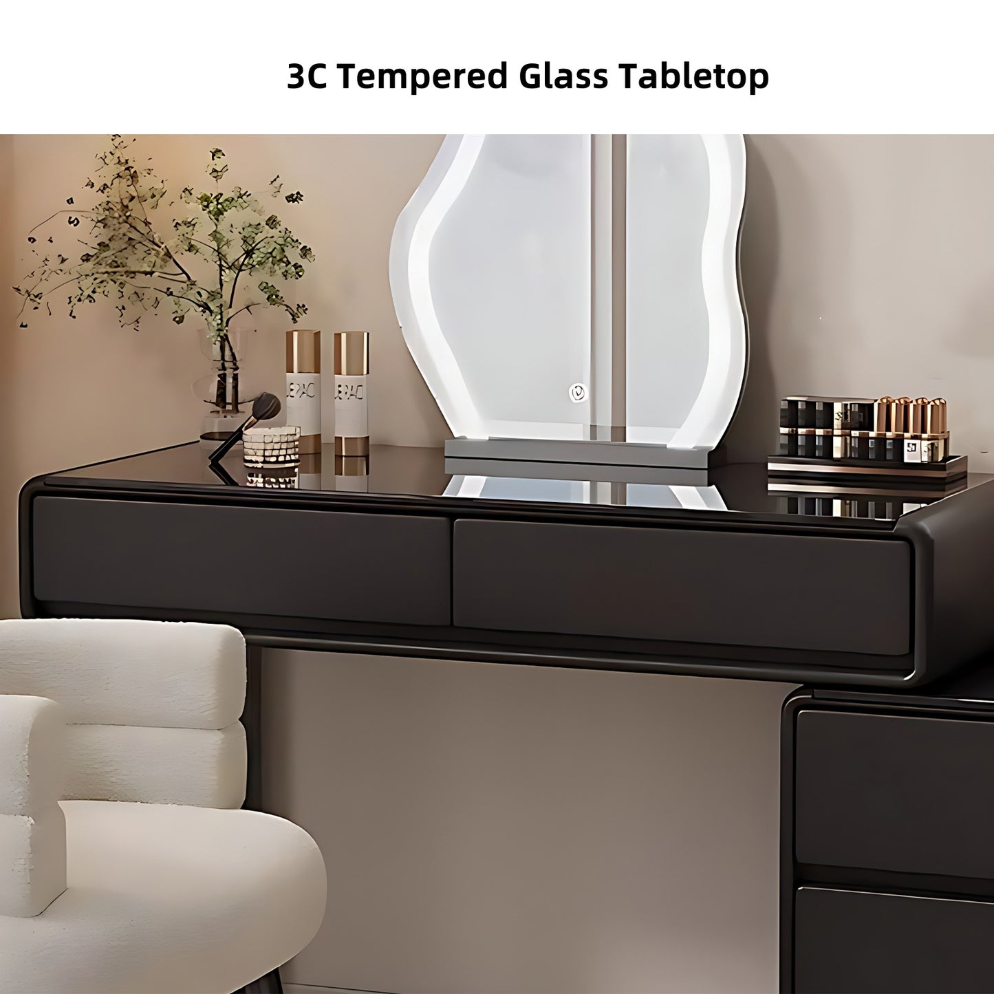 32''-47''Leather Makeup Vanity with Smart LED Light Mirror & Stool,Tempered Glass Tabletop