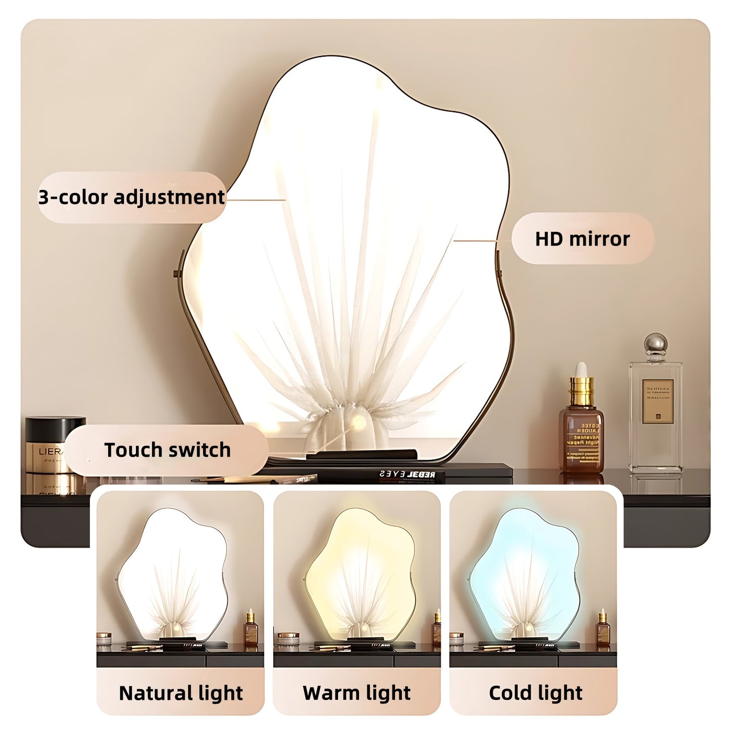 32''-47''Leather Vanity with Tempered Glass Top and Atmosphere Light,LED Mirror & Stool