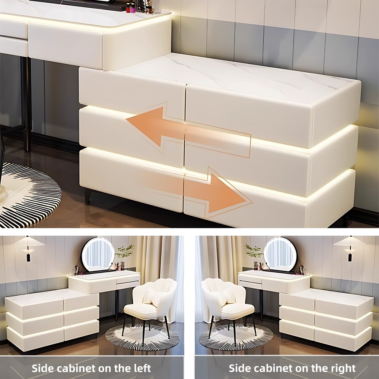 32''-47'' Makeup Vanity with LED Ambient Light and Stool & Mirror