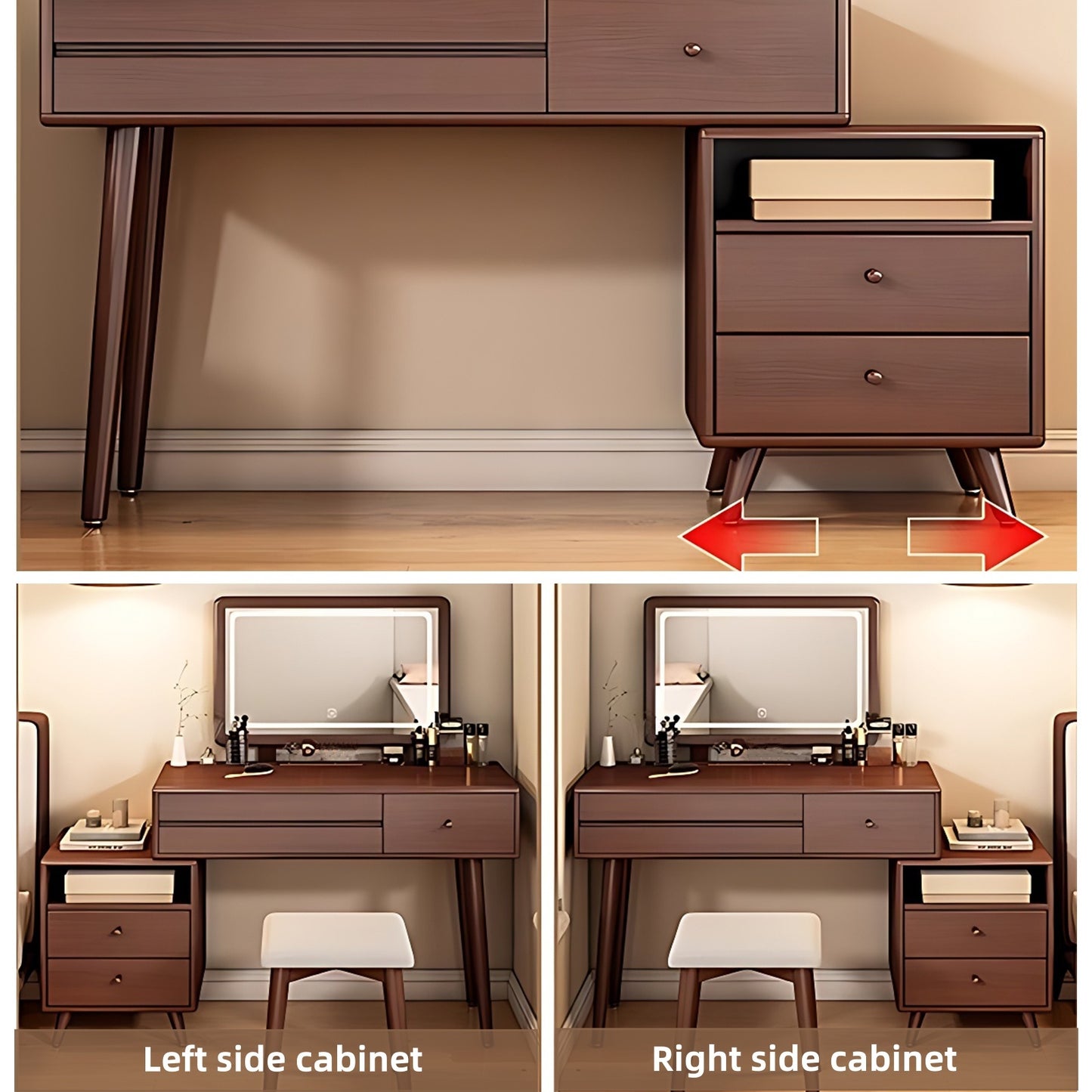 32''-39'' Solid Wood Vanity Desk with Smart LED Light Mirror and Stool,Mid Century