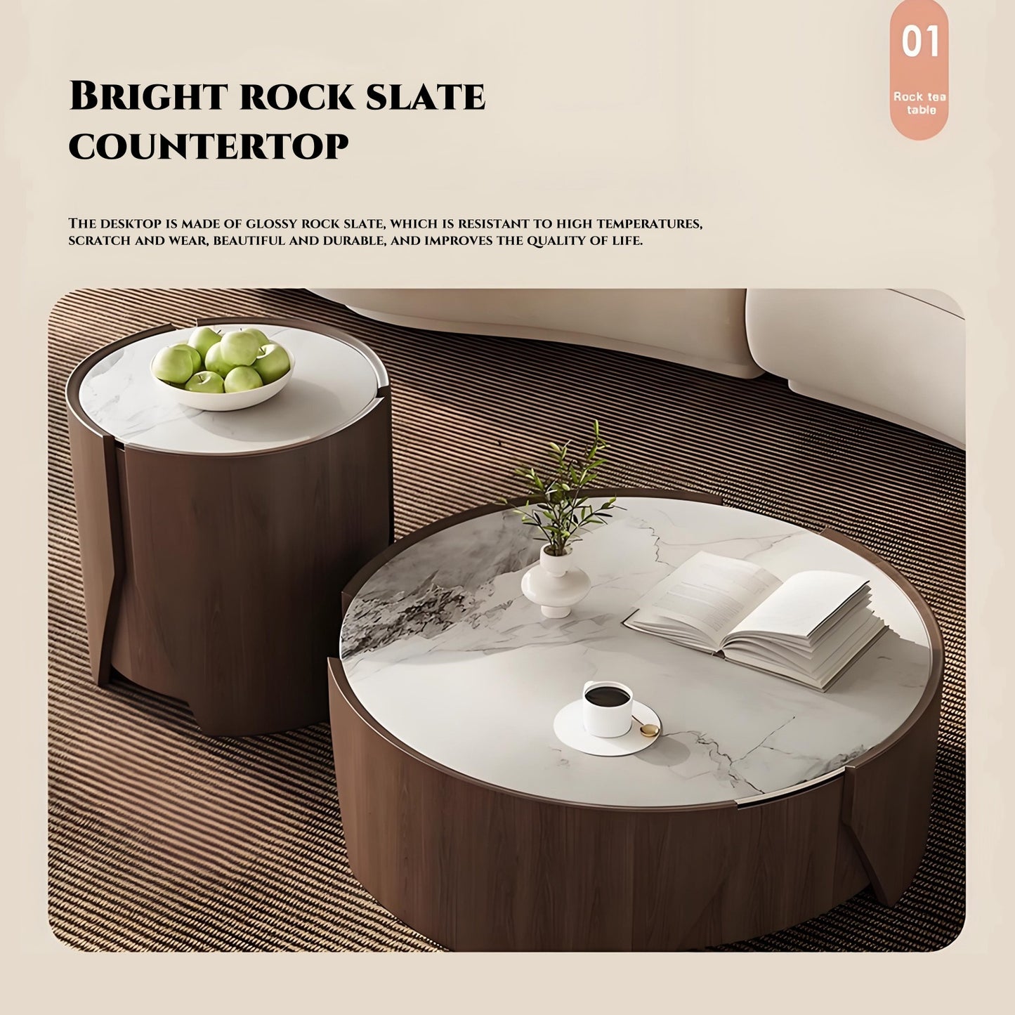 32''-35''Mid Century Coffee Table Set of 2 with Rock Slab Countertop and Walnut Grain