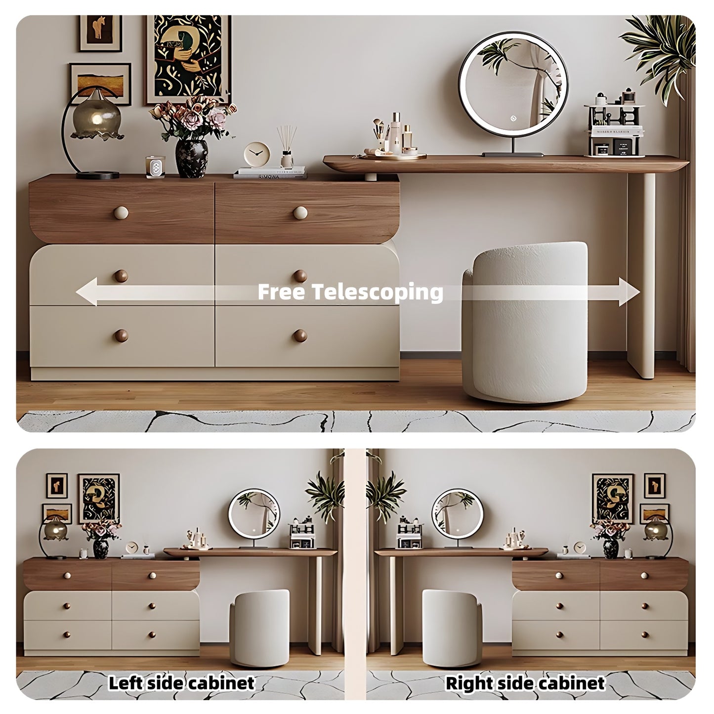 47'' Solid Wood Makeup Vanity with Smart LED Light Mirror and Stool