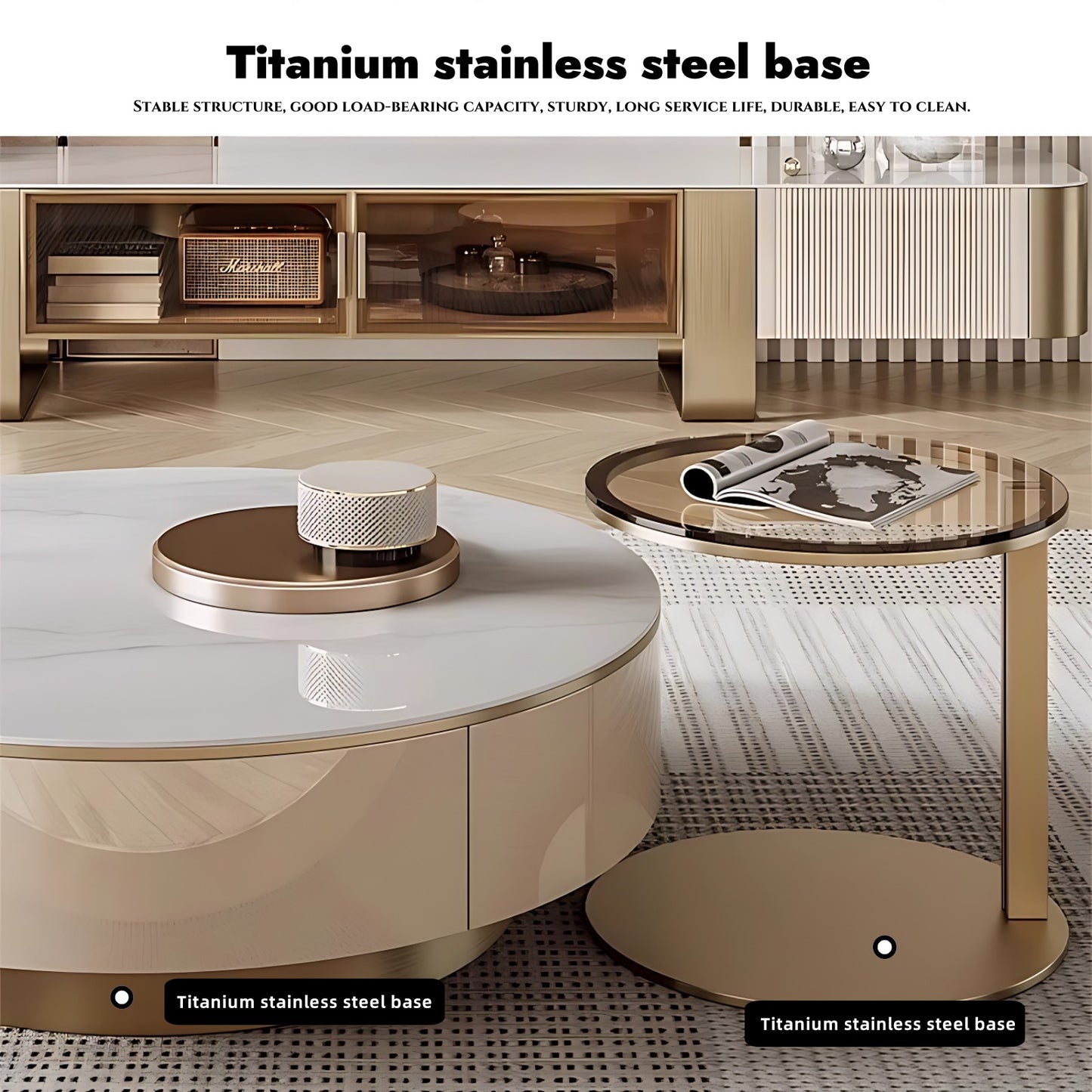 32''-35''Round Coffee Table Set with Rock Slab Countertop and Small Tempered Glass Desk