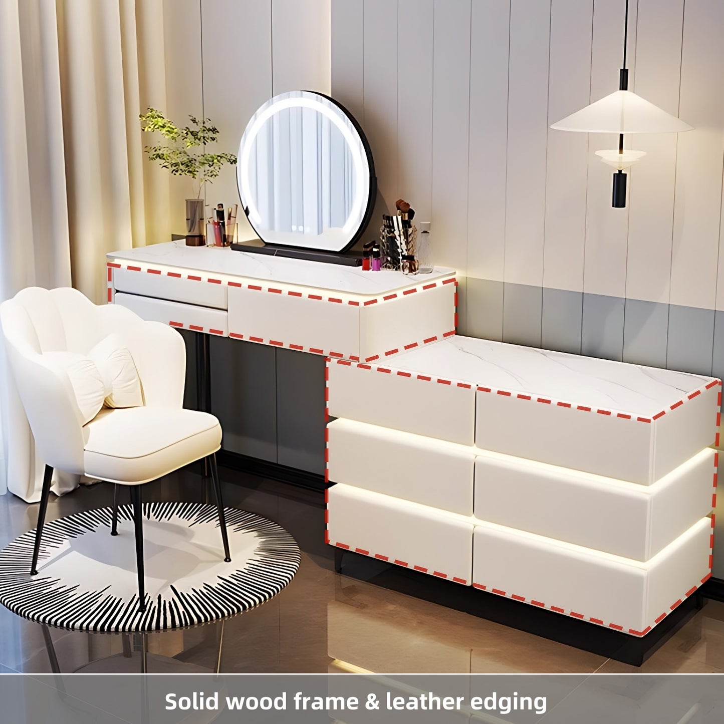 32''-47'' Makeup Vanity with LED Ambient Light and Stool & Mirror