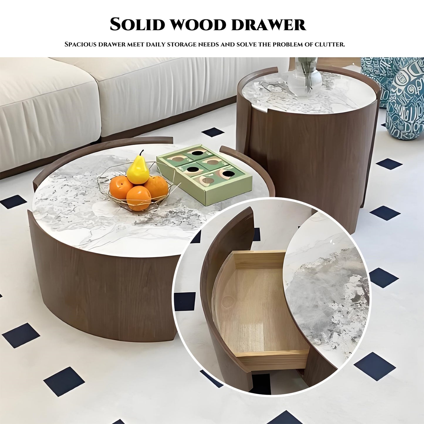 32''-35''Mid Century Coffee Table Set of 2 with Rock Slab Countertop and Walnut Grain