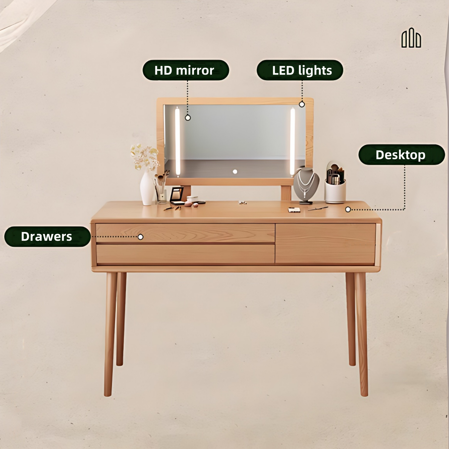 32''-39'' Solid Wood Makeup Vanity Desk Large Smart Mirror and stool,for Bedroom