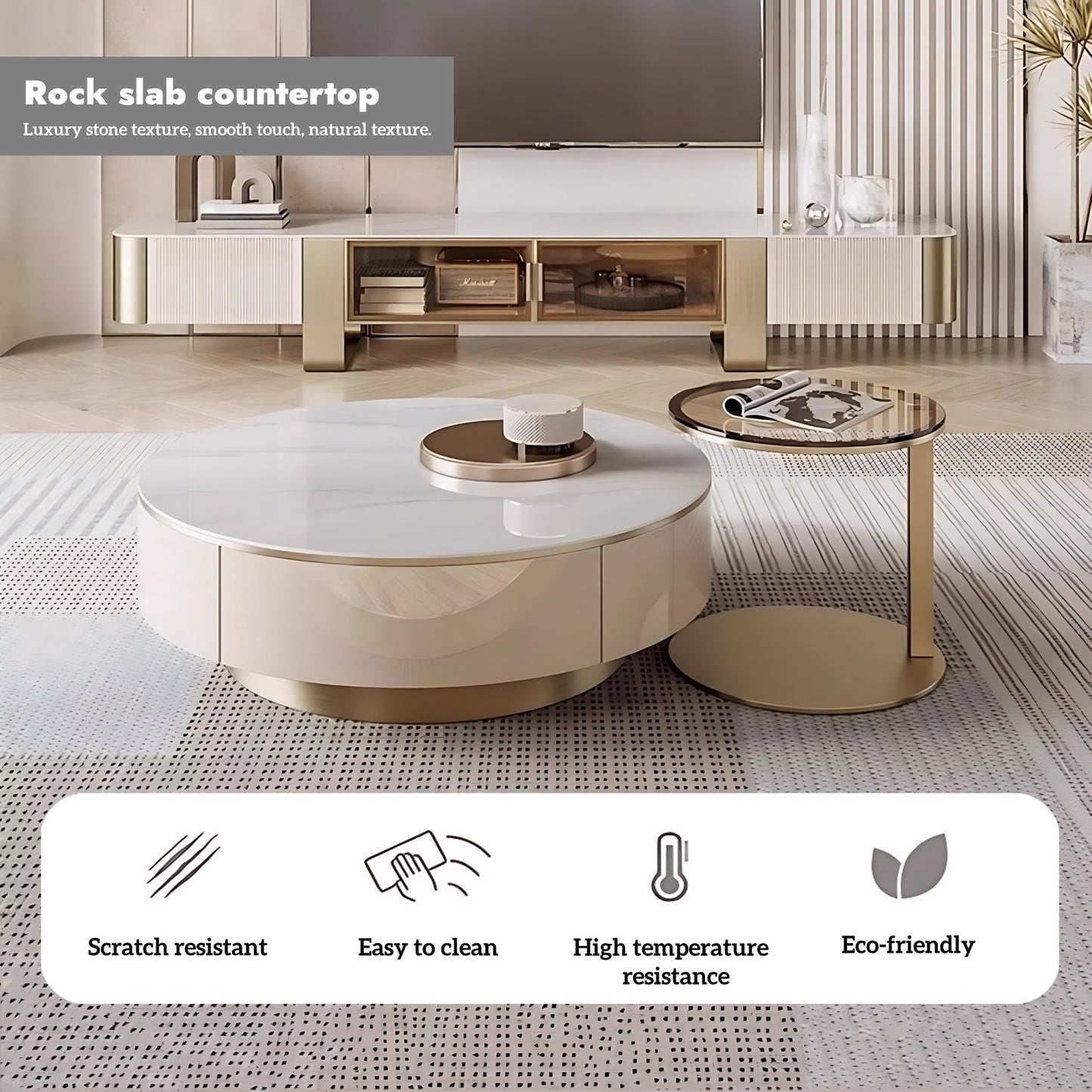 32''-35''Round Coffee Table Set with Rock Slab Countertop and Small Tempered Glass Desk