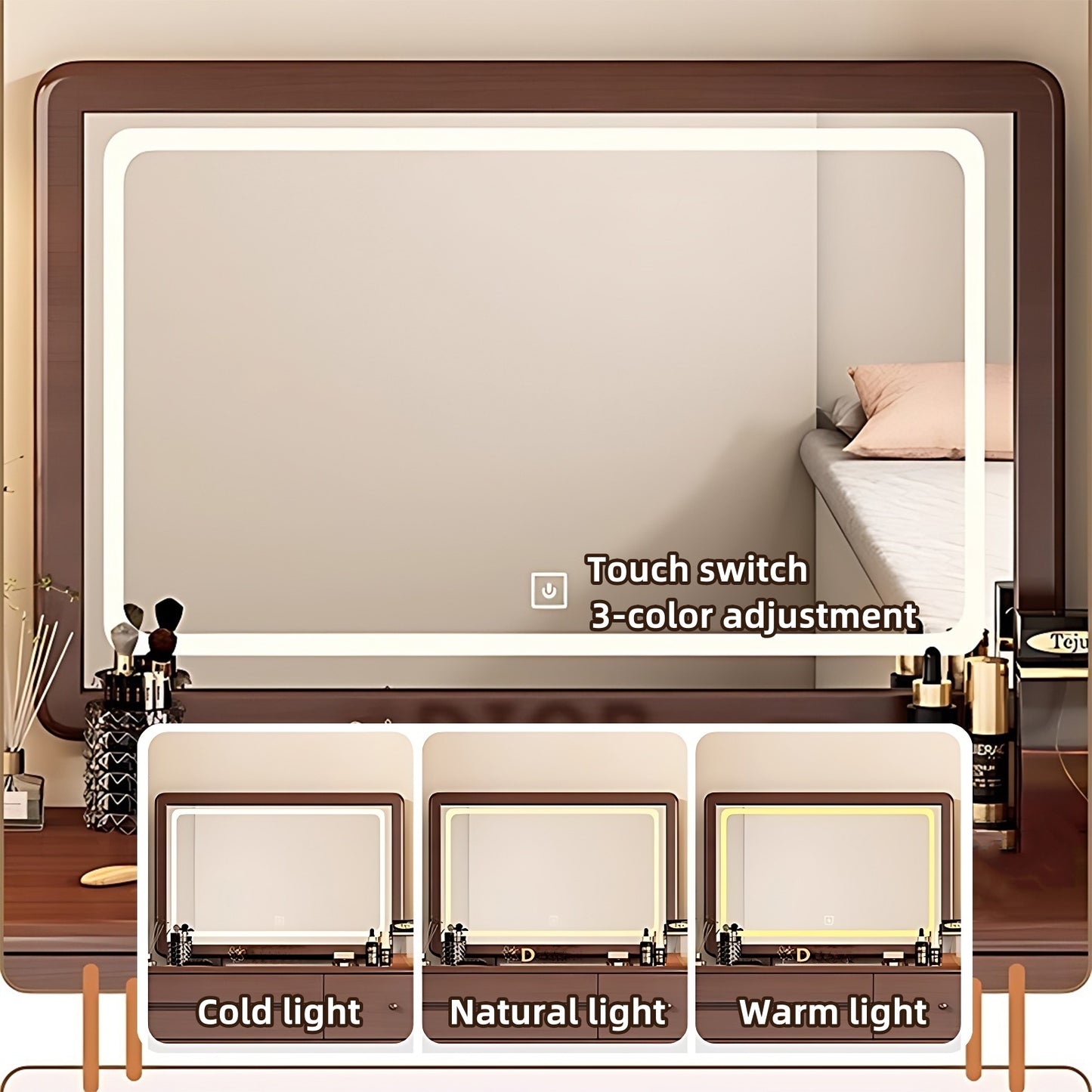 32''-39'' Solid Wood Vanity Desk with Smart LED Light Mirror and Stool,Mid Century