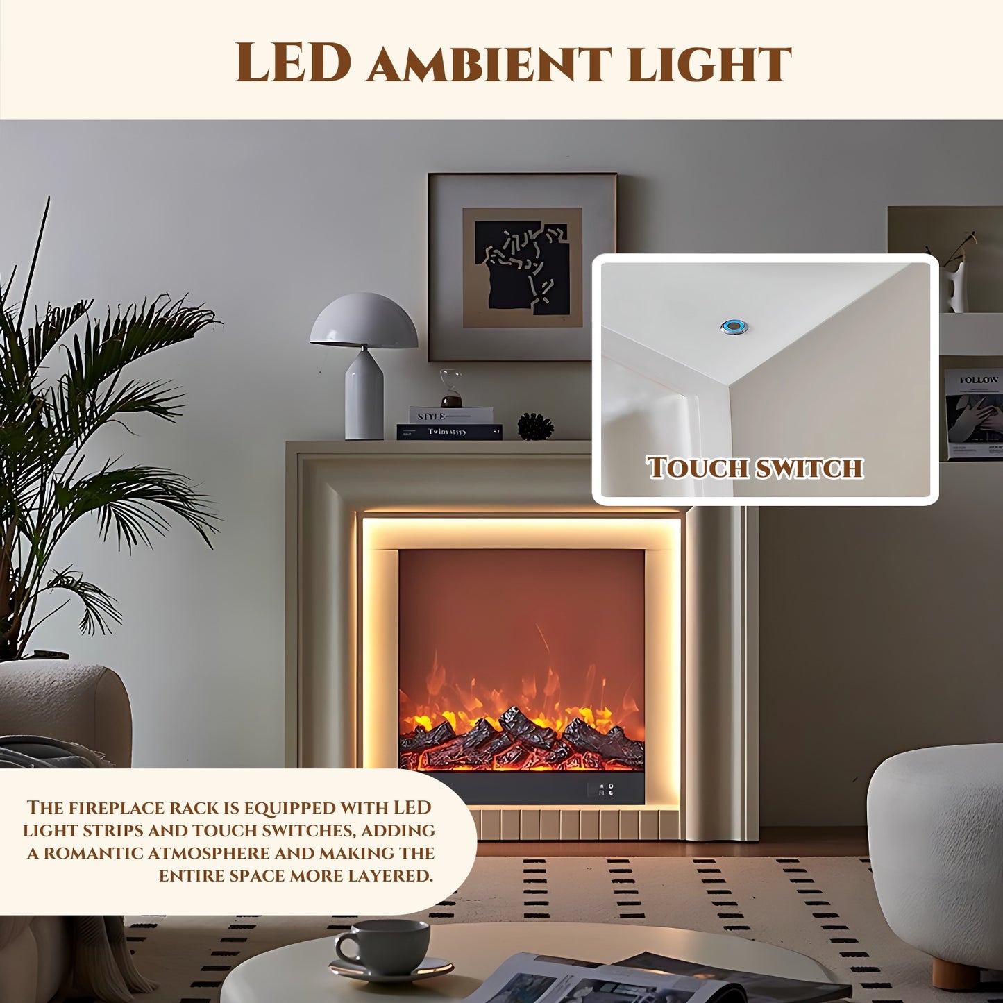 47'' Electric Fireplace with Mantel & LED Ambient Light and 3D Real Flame Effect