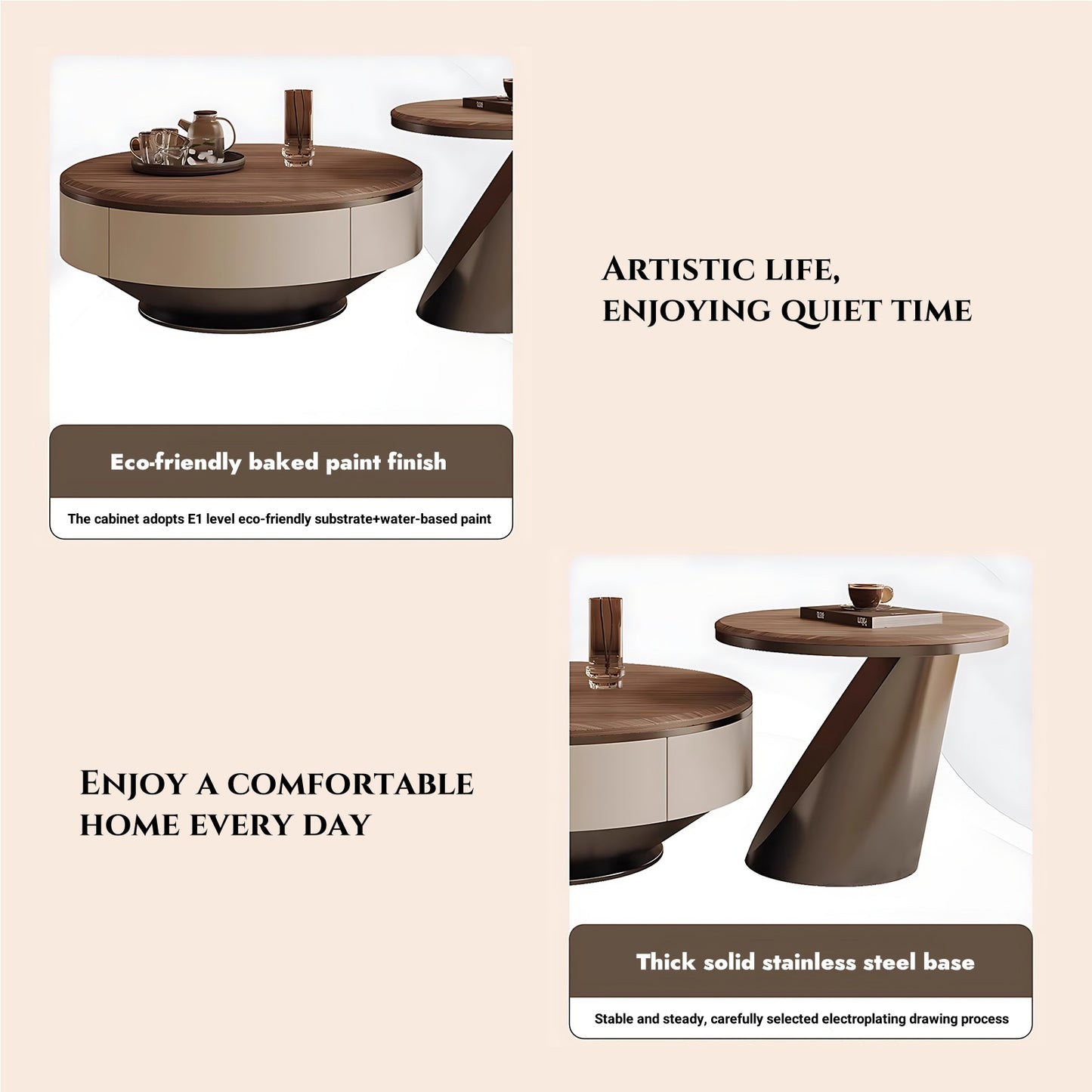 32''-35'' Round Coffee Table Set of 2,Walnut Grain Countertop Center Table