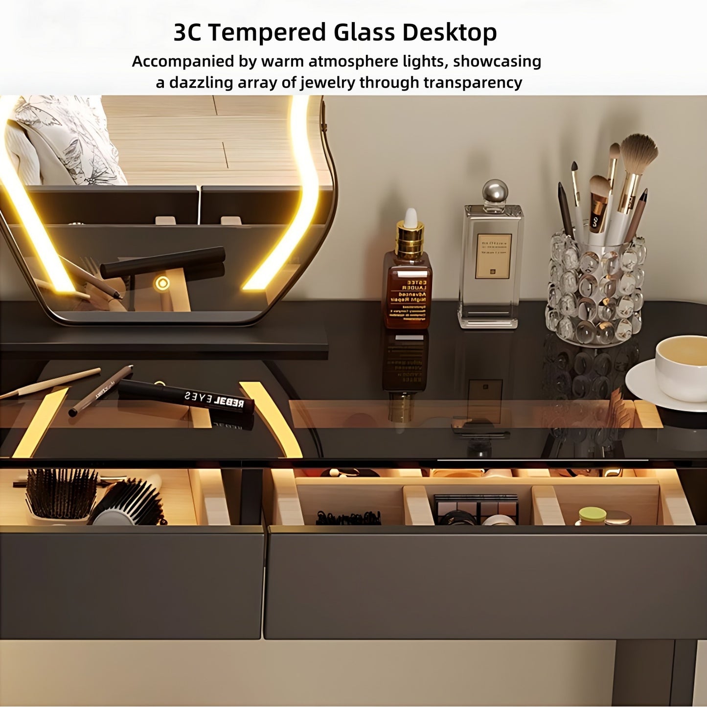32''-47''Leather Vanity with Tempered Glass Top and Atmosphere Light,LED Mirror & Stool