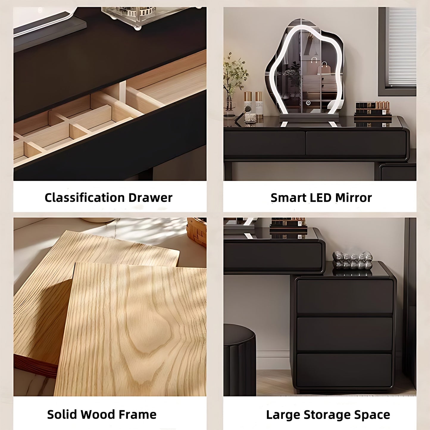 32''-47''Leather Makeup Vanity with Smart LED Light Mirror & Stool,Tempered Glass Tabletop