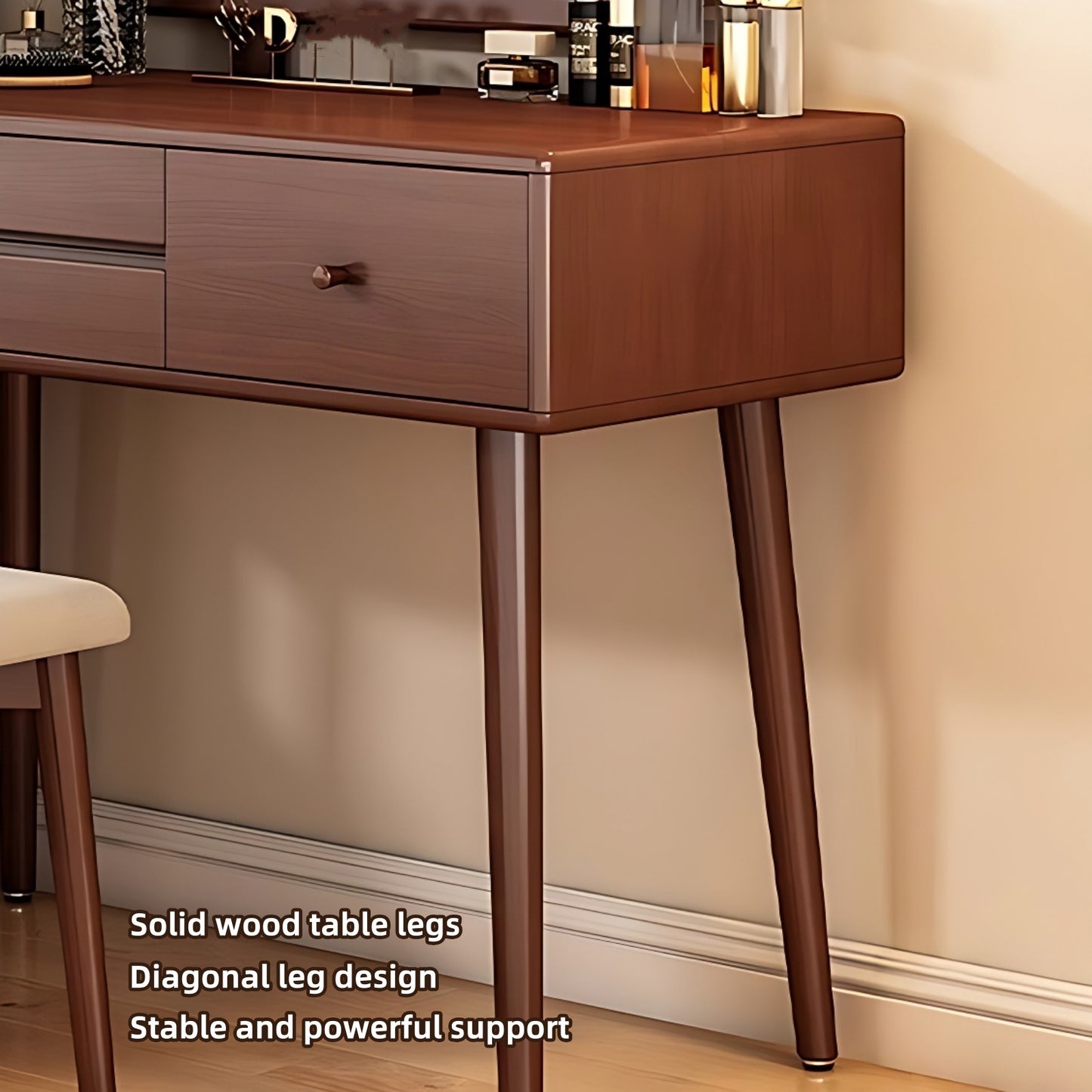 32''-39'' Solid Wood Vanity Desk with Smart LED Light Mirror and Stool,Mid Century