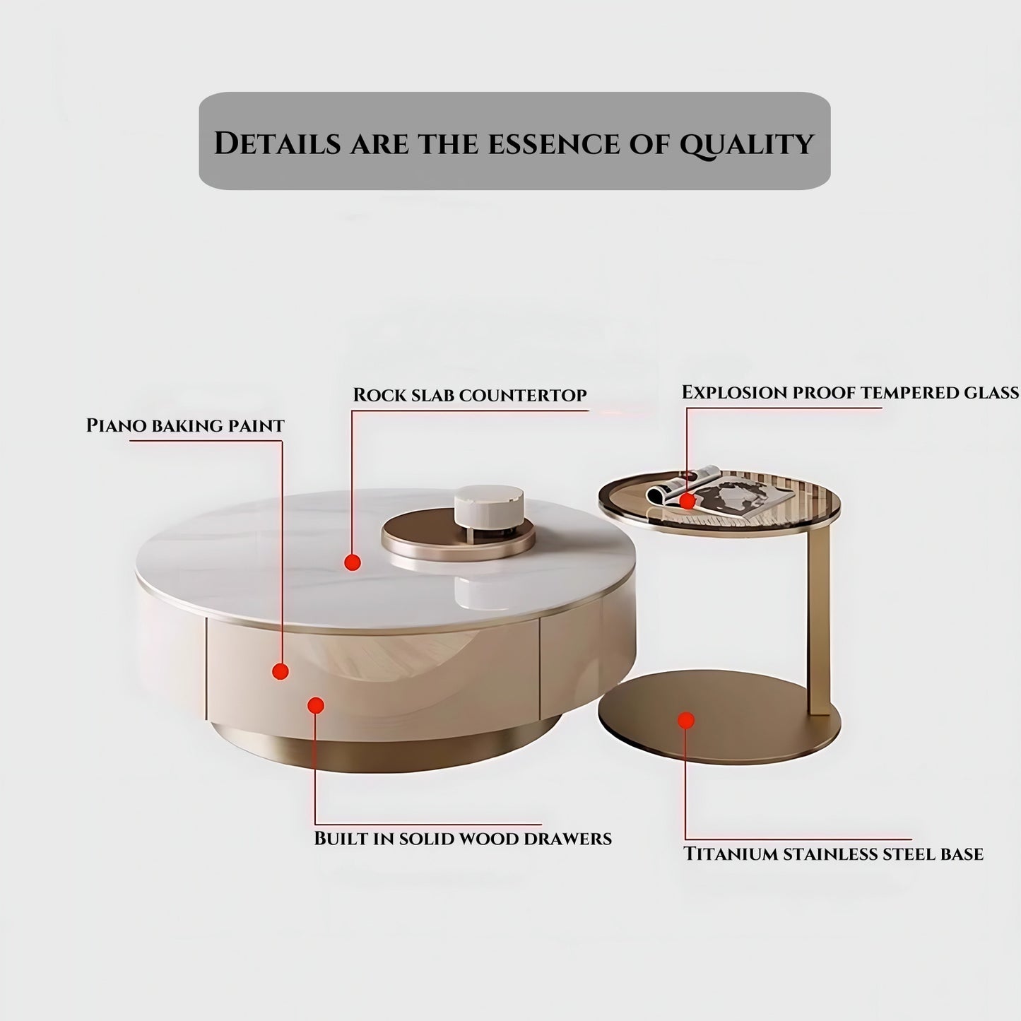 32''-35''Round Coffee Table Set with Rock Slab Countertop and Small Tempered Glass Desk
