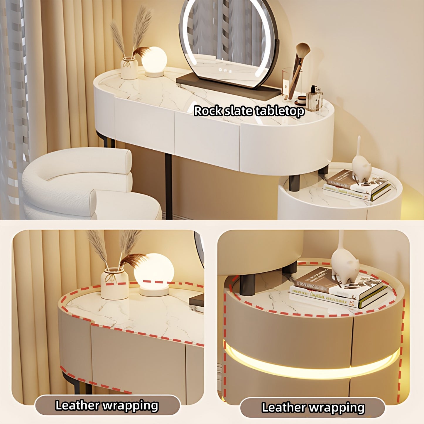 39''-47'' Vanity Desk with Smart Mirror & LED Ambient Light,Rock Slab Countertop and Stool