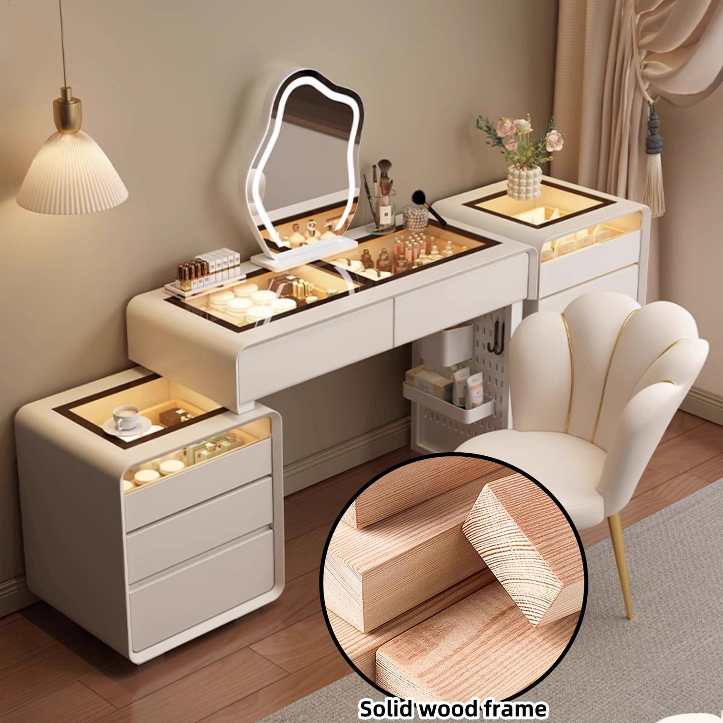 32''-47''Vanity with 2 Side Cabinets & Glass Top and Atmosphere Light,Smart Mirror,Stool