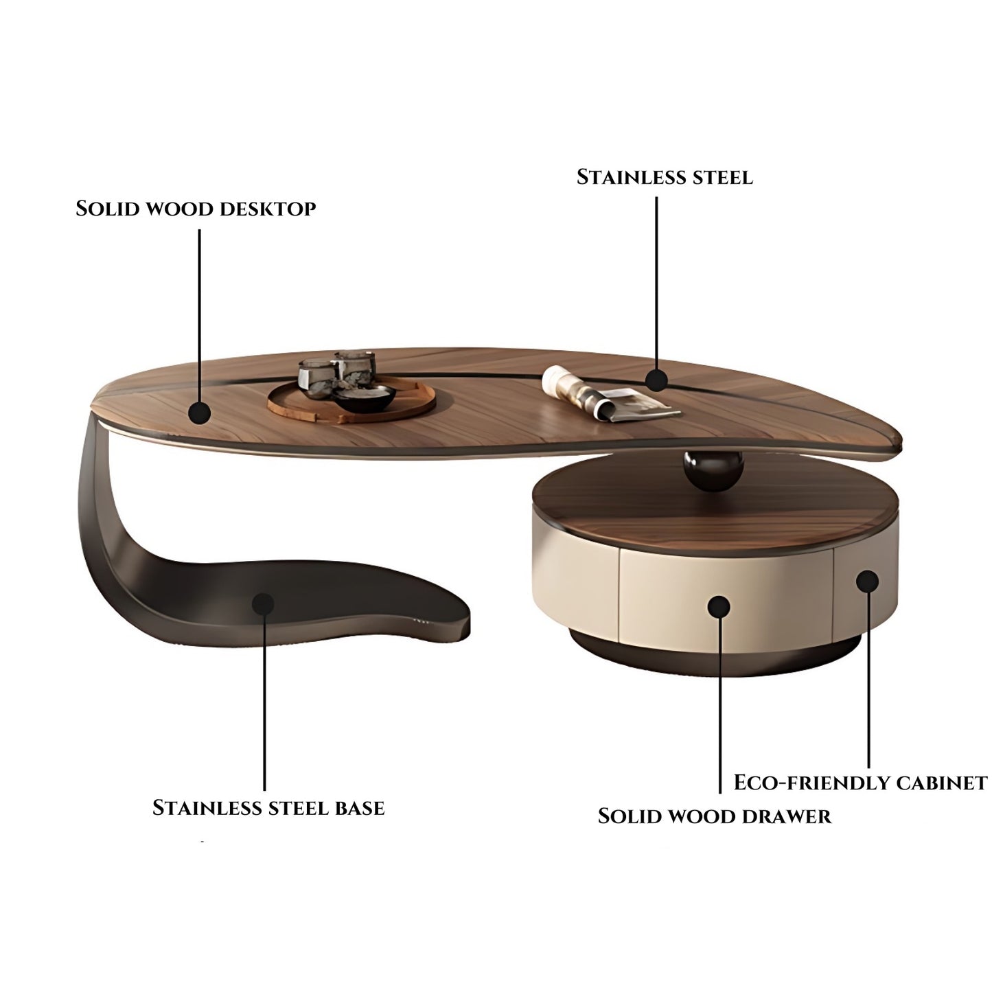 47''-63'' 2 Pieces Coffee Table,Mid Century Leaf Shaped Coffee Desk,Walnut Wood Grain