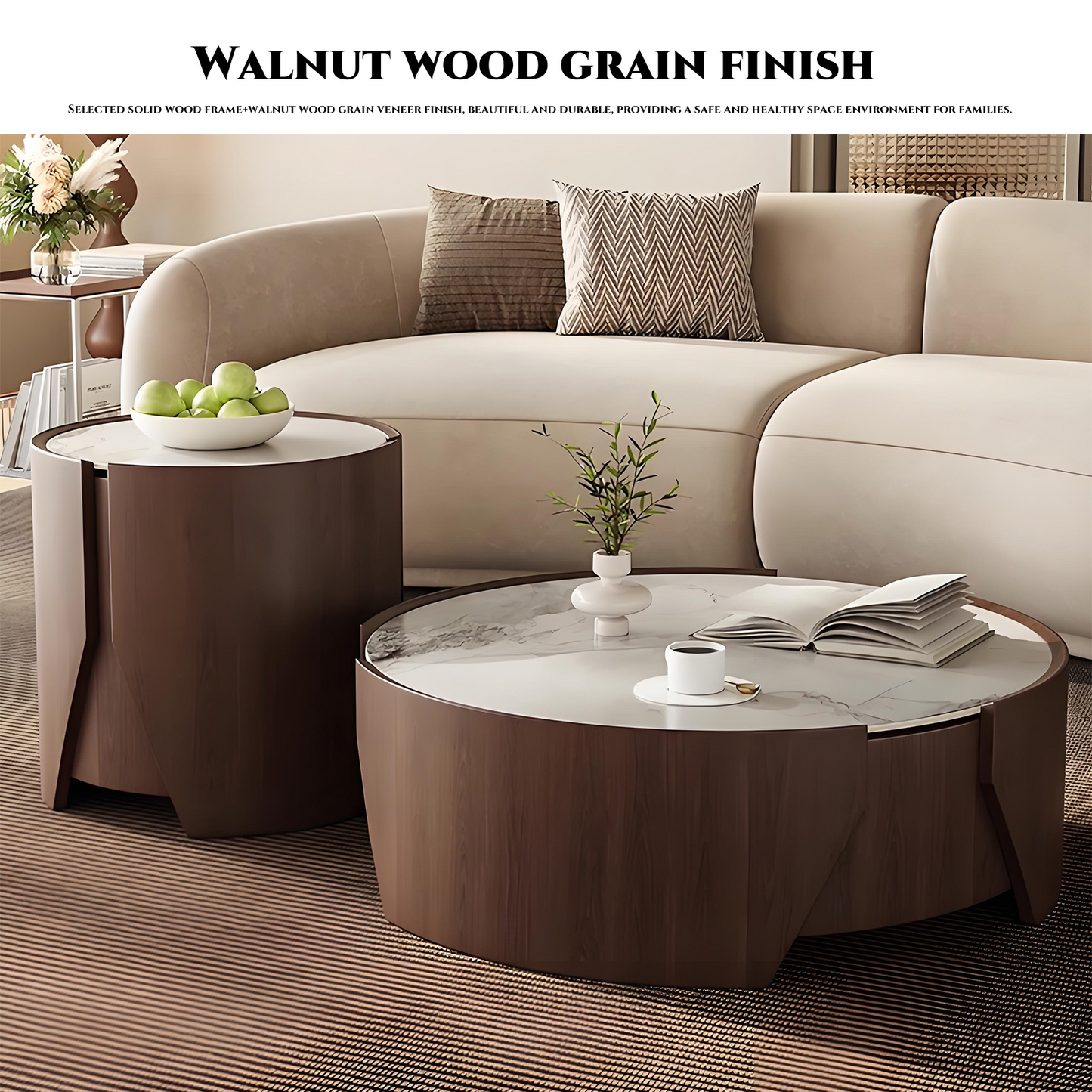 32''-35''Mid Century Coffee Table Set of 2 with Rock Slab Countertop and Walnut Grain