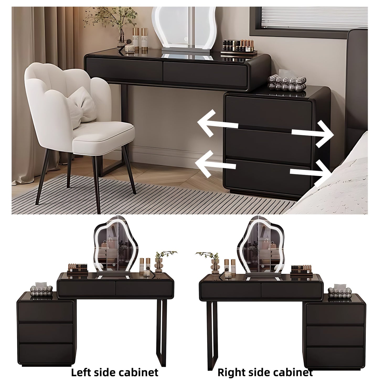 32''-47''Leather Makeup Vanity with Smart LED Light Mirror & Stool,Tempered Glass Tabletop