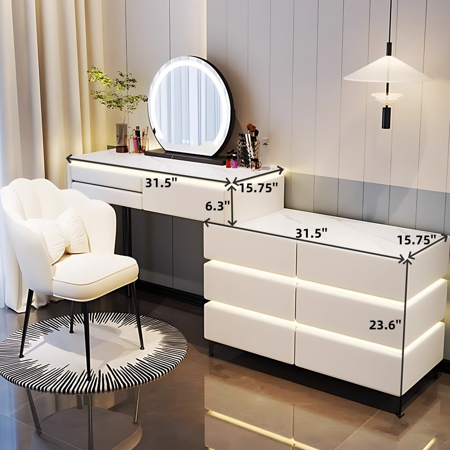 32''-47'' Makeup Vanity with LED Ambient Light and Stool & Mirror