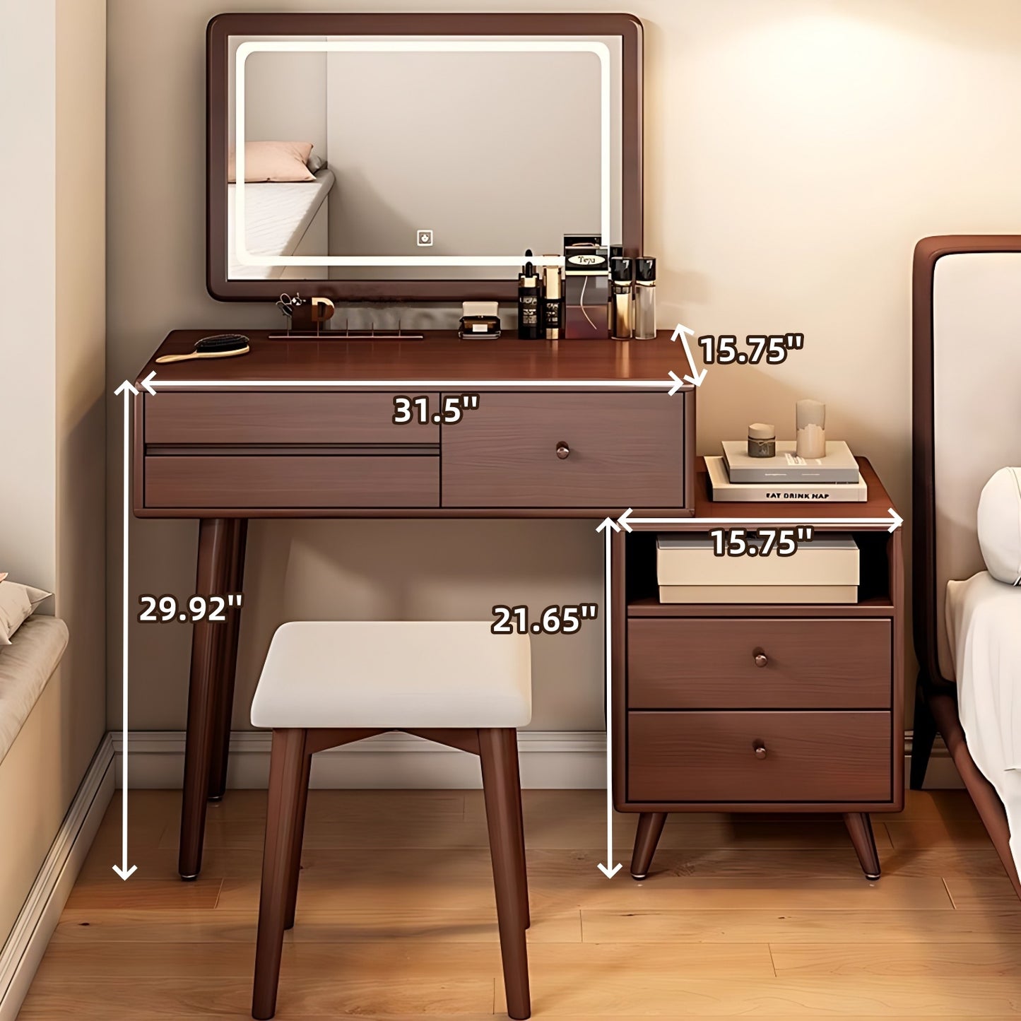 32''-39'' Solid Wood Vanity Desk with Smart LED Light Mirror and Stool,Mid Century