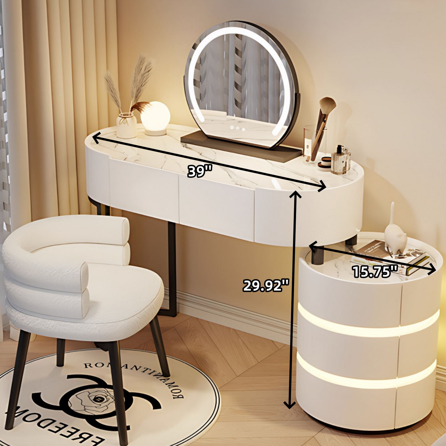 39''-47'' Vanity Desk with Smart Mirror & LED Ambient Light,Rock Slab Countertop and Stool